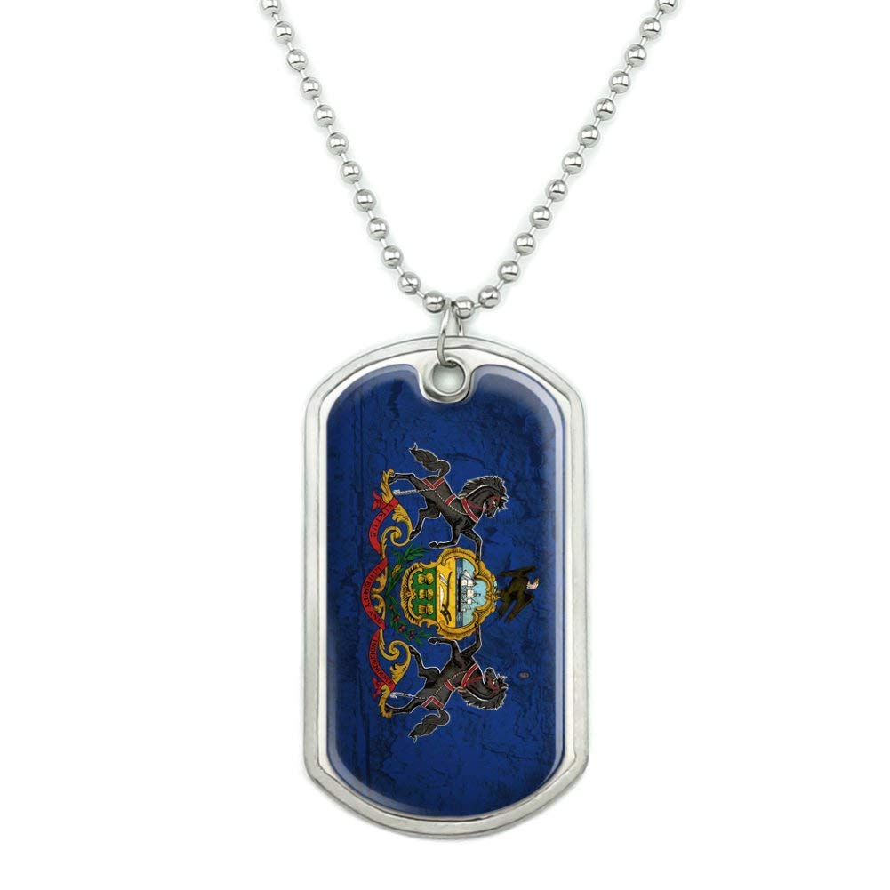 Vintage Rustic Pennsylvania State Flag Distressed USA Military Dog Tag Pendant Necklace with 18