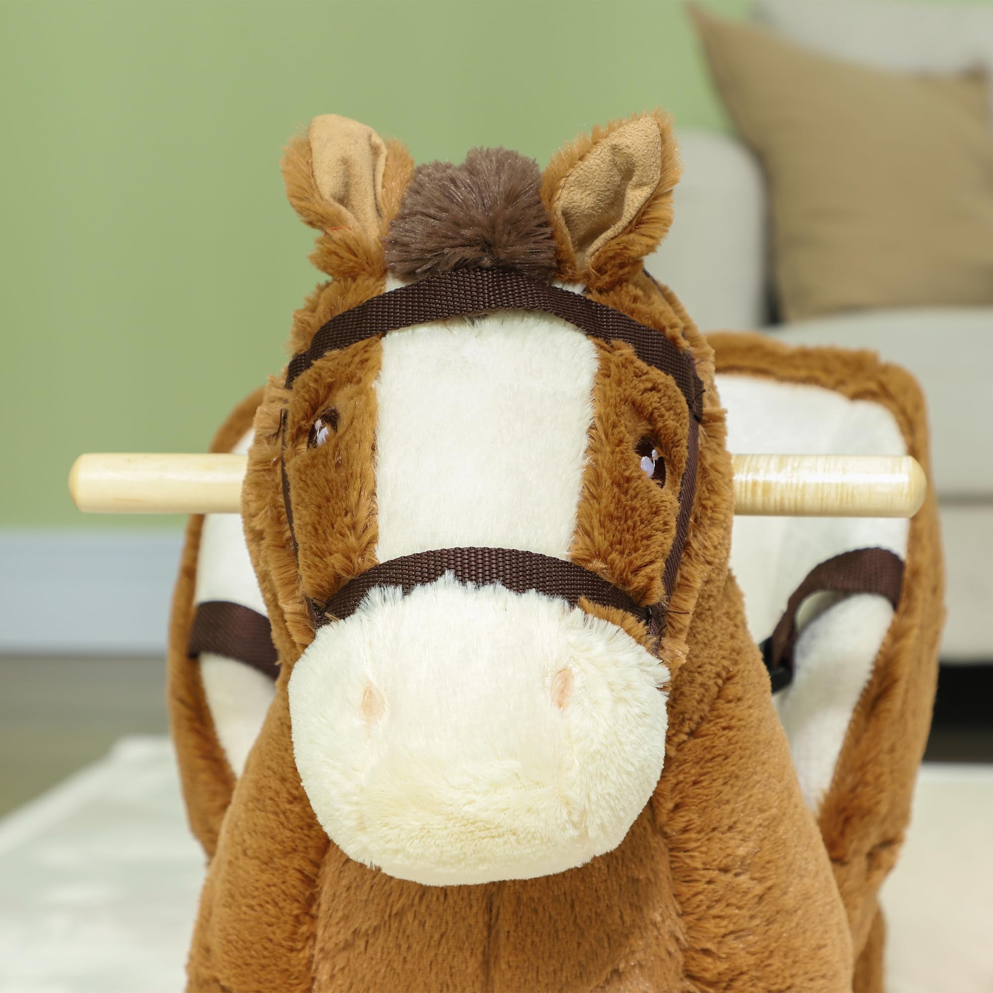 Qaba Baby Rocking Horse - Soft Plush Animal Rocker with Sound Effects, Sturdy Wooden Base & Safety Belt for Toddlers 18-36 Months (Brown) - Perfect Nursery Decor & First Ride-On Toy for Boys & Girls