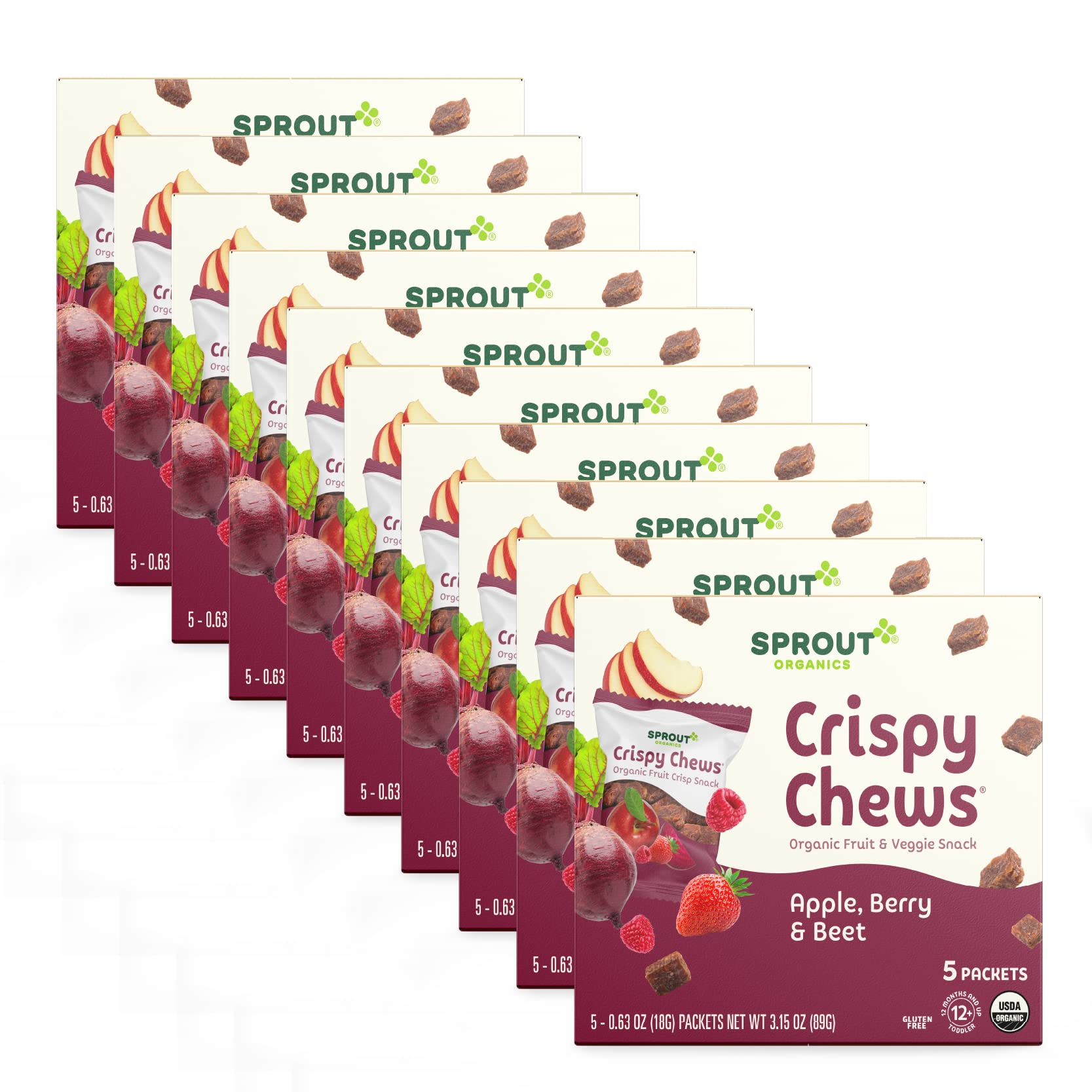 Organic Toddler Snacks - Sprout Crispy Chews Red Berry & Beet Flavor, 3.15oz (Pack of 10) | Healthy Kids Snacks for Daycare, Travel & On-the-Go | Gluten-Free & Non-GMO Baby Food Pouches