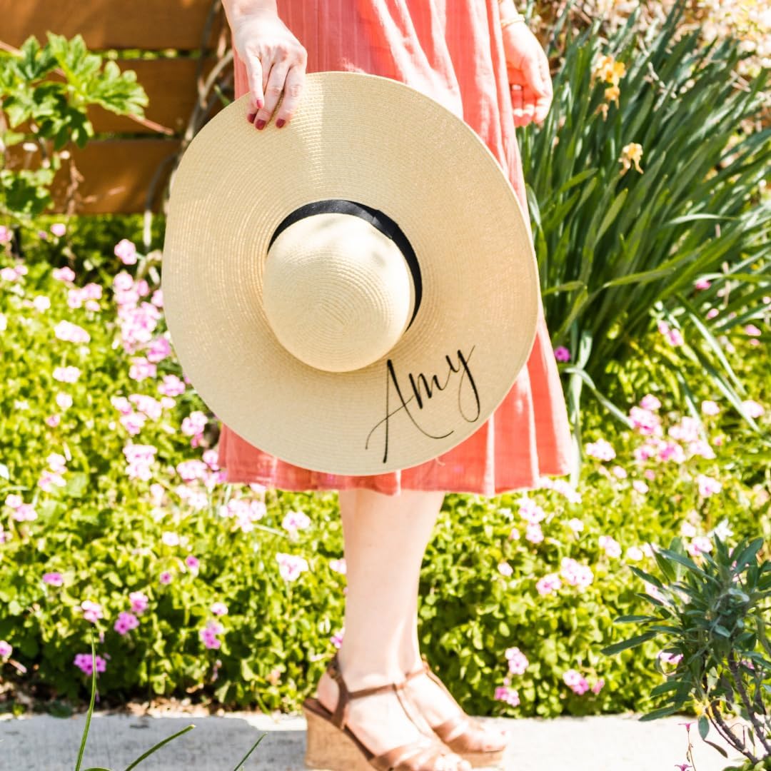 Custom Personalized Women's Beach Hat - Wide Brim Sun Hat with Adjustable Band for Bride, Bridesmaids & Bachelorette Party | Perfect Beach Wedding, Honeymoon & Vacation Accessories | UV Protection Summer Hat for Women (White)