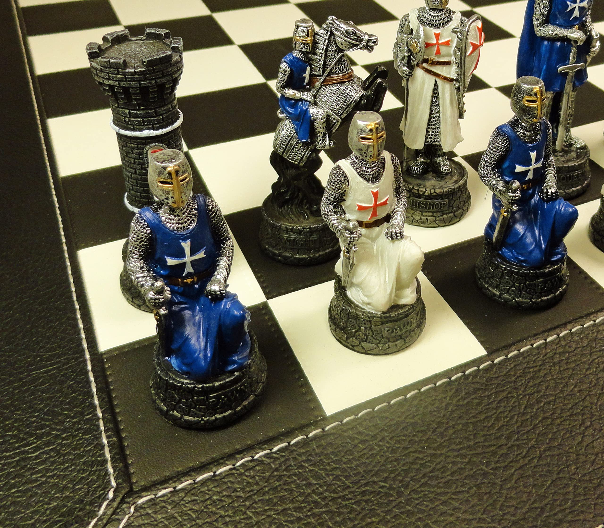 Hand-Painted Medieval Crusades Warrior Chess Set - White & Blue Pieces with 18