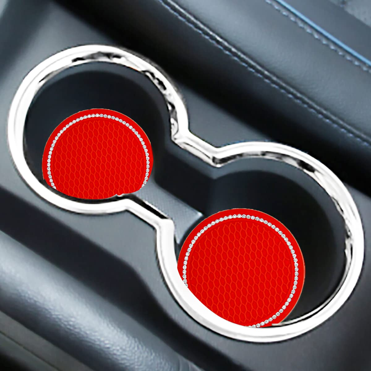 4PCS Bling Rhinestone Car Coasters - 2.75 Inch Silicone Anti-Slip Cup Holder Coasters for Most Vehicles, Universal Car Accessories for Women (Red) - Perfect for Protecting Your Car Interior & Adding Glamorous Style to Your Daily Commute