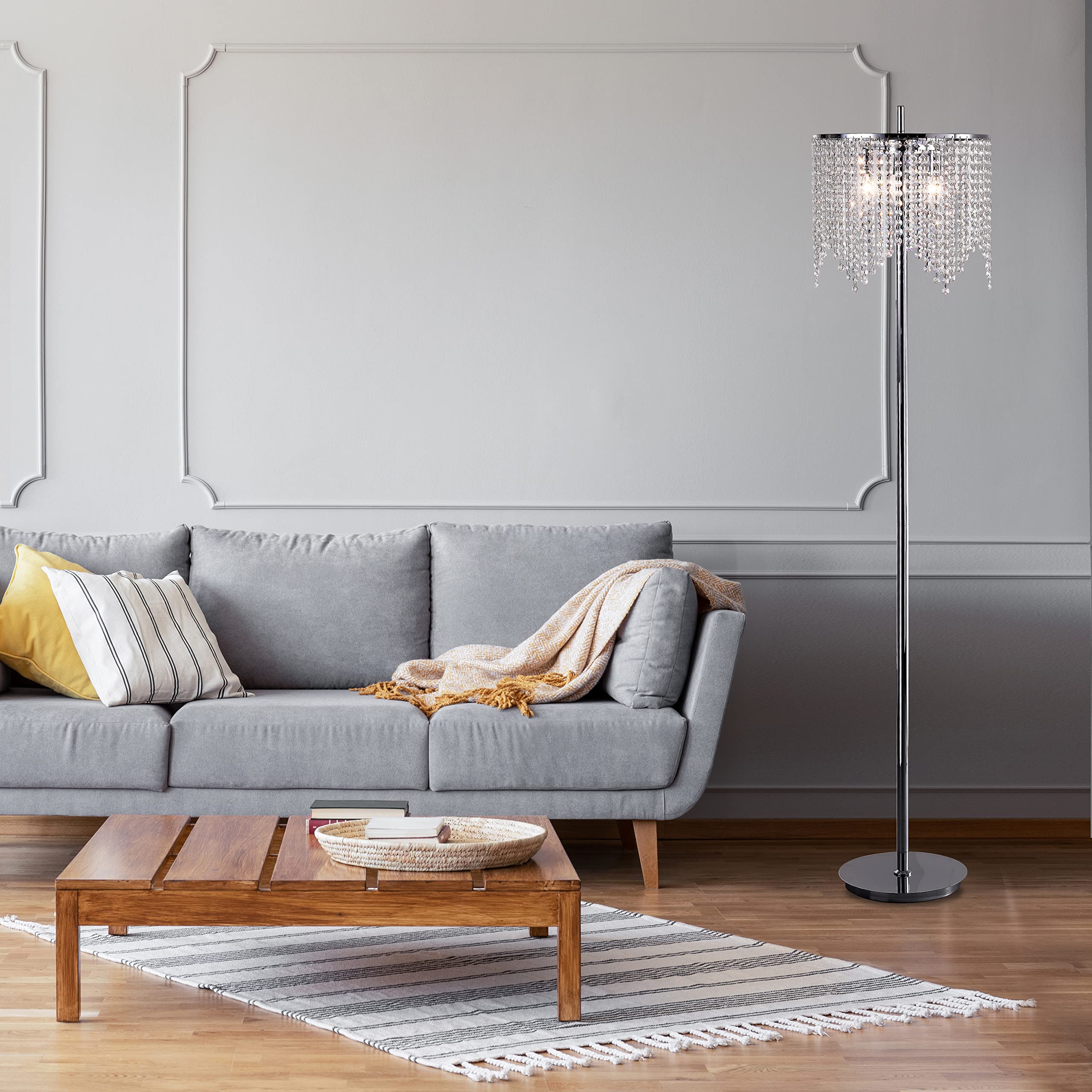 Edvivi Marya 3-Light Crystal Floor Lamp - Mid Century Modern Standing Lamp with Chrome Finish for Living Room & Bedroom - Elegant Tall Floor Light for Home Decor, Reading Nook & Lounge Areas