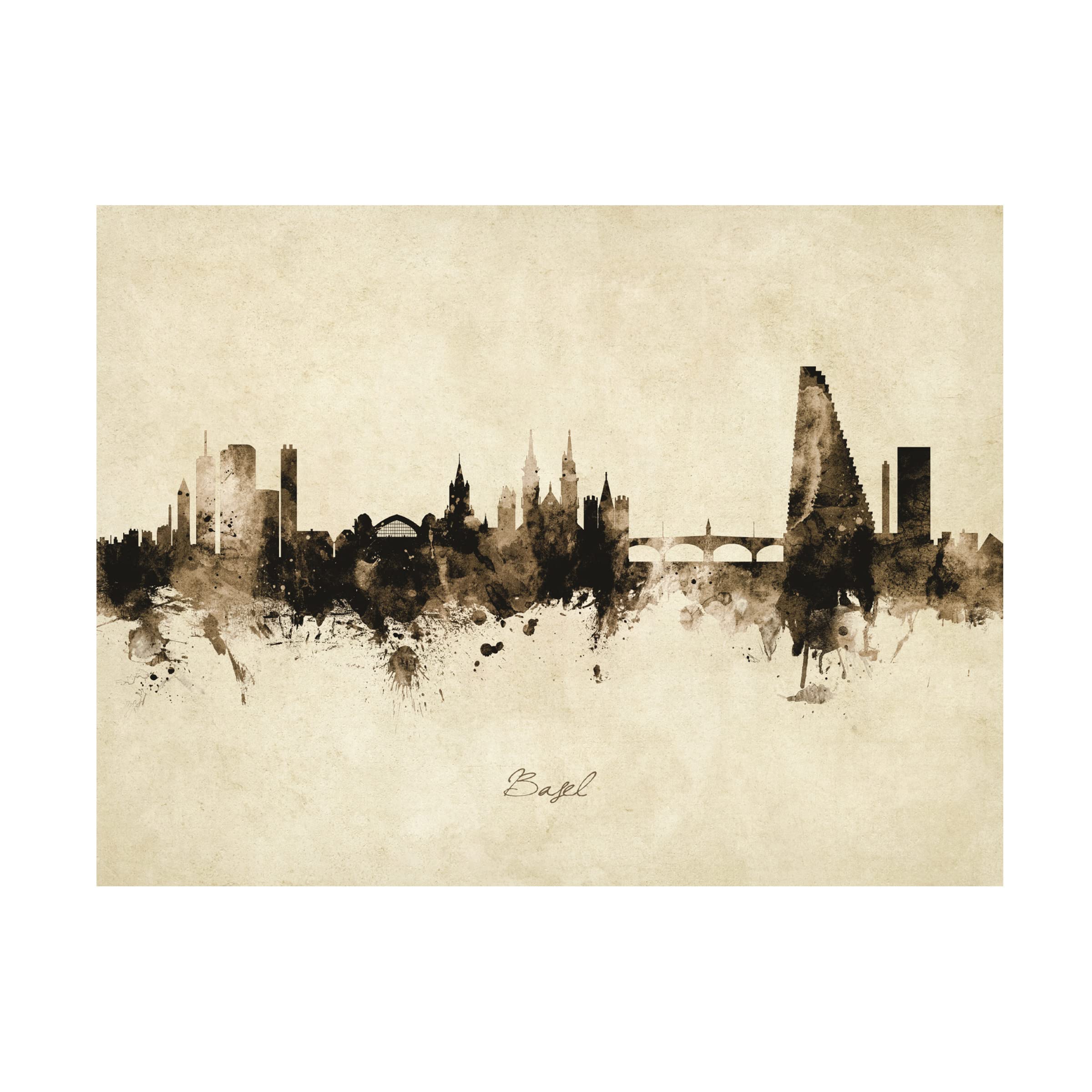 Michael Tompsett 'Basel Switzerland Skyline Vintage' Canvas Wall Art Print - Perfect for Living Room, Bedroom & Office Decor