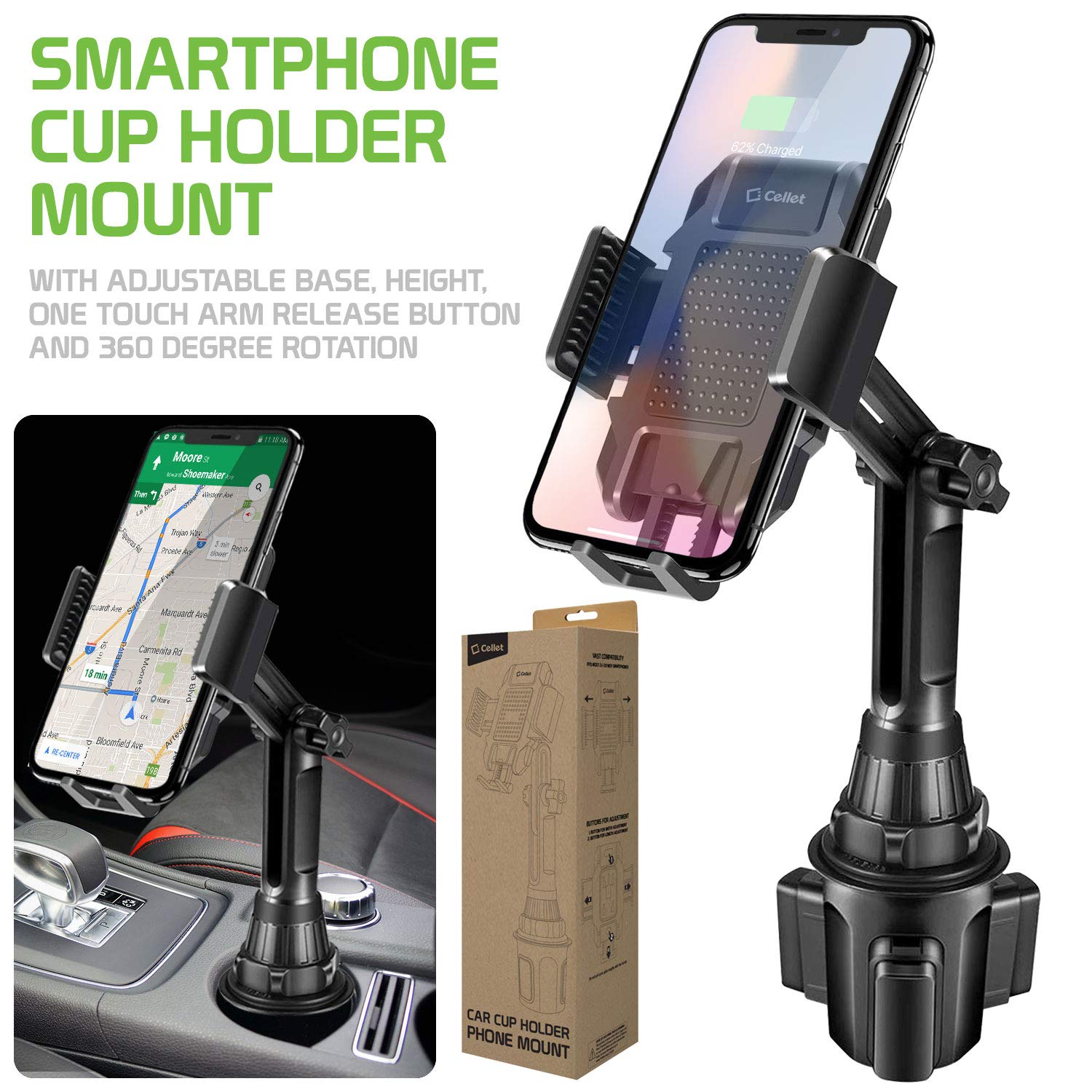 Car Cup Holder Phone Mount for iPhone & Android - Universal Phone Holder Cradle Compatible with Tesla Model 3/Y - Perfect for Road Trips & Hands-Free Driving