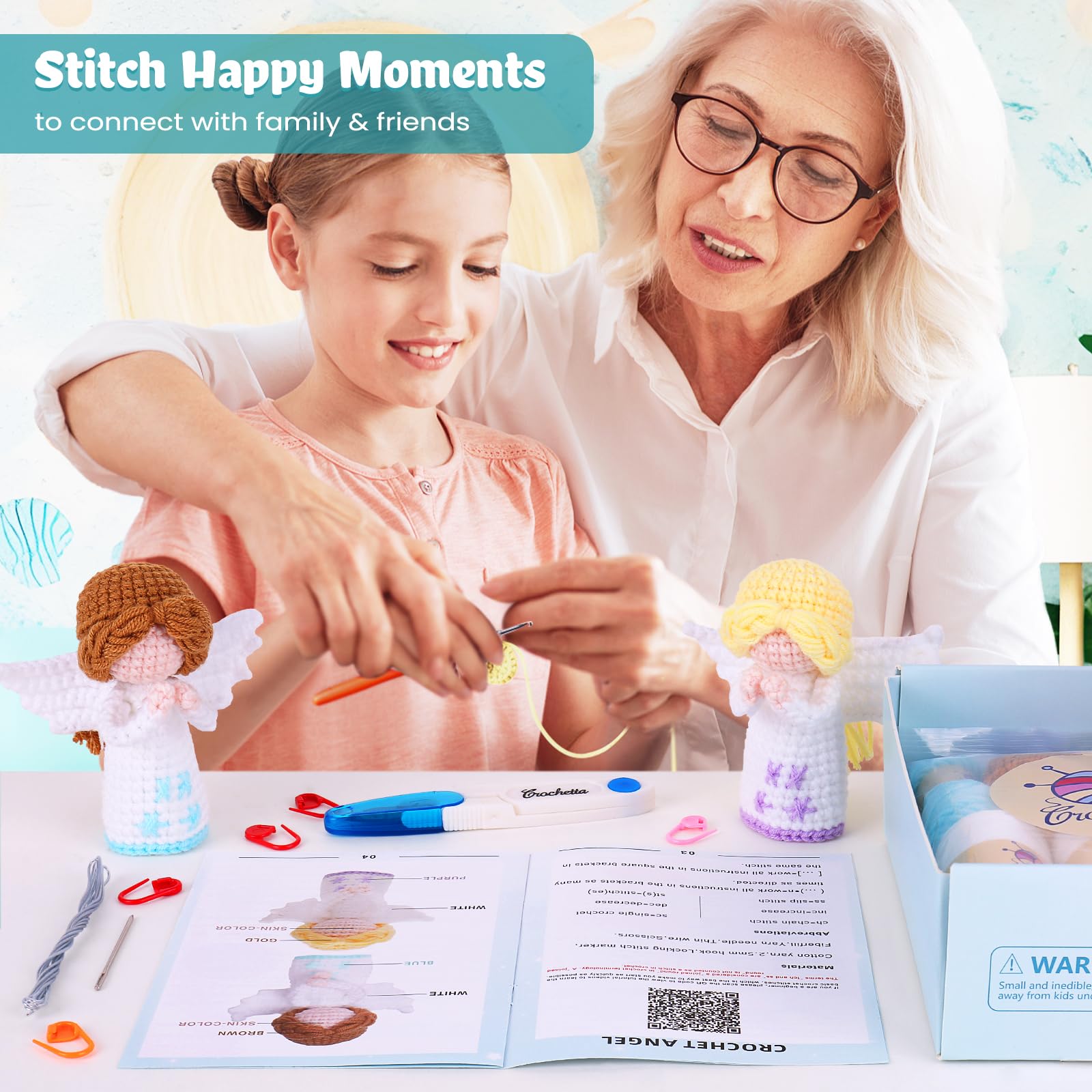 Beginner Crochet Kit for Adults & Kids - 2-Pack Amigurumi Angel DIY Knitting Supplies with Step-by-Step Video Tutorials (40%+ Yarn) | Perfect for Crafting, Gifts & Stress Relief