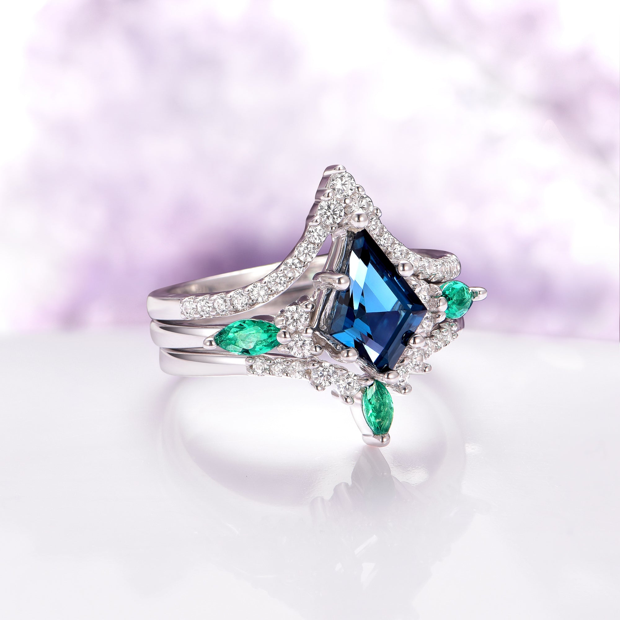 Skye Kite™ 14K White Gold London Blue Topaz & Emerald Ring Set (3 Piece) - Elegant Jewelry for Weddings, Anniversaries & Special Occasions