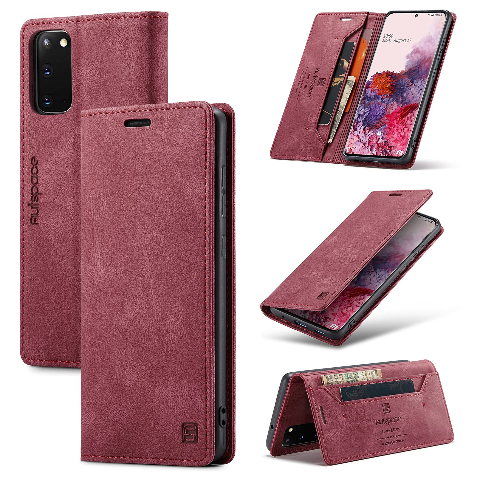 Vintage Leather Wallet Case for Samsung Galaxy S20 with Card Holder & Kickstand | Magnetic Flip Folio Cover (Red) - Perfect for Work, Travel & Daily Protection