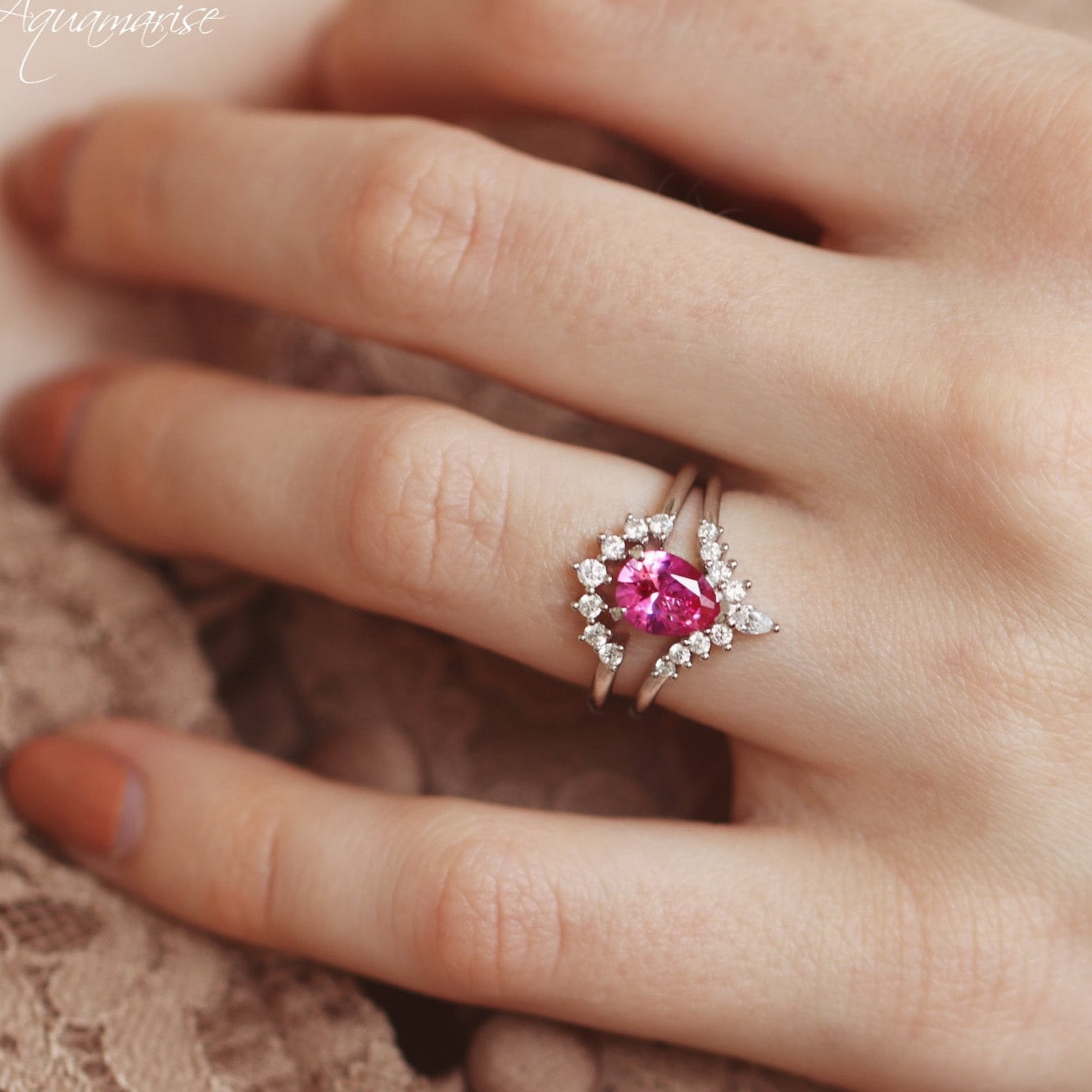 Lunette Pink Sapphire Ring Set - Sterling Silver Jewelry for Women, Elegant Gift for Valentine's Day, Anniversary & Special Occasions