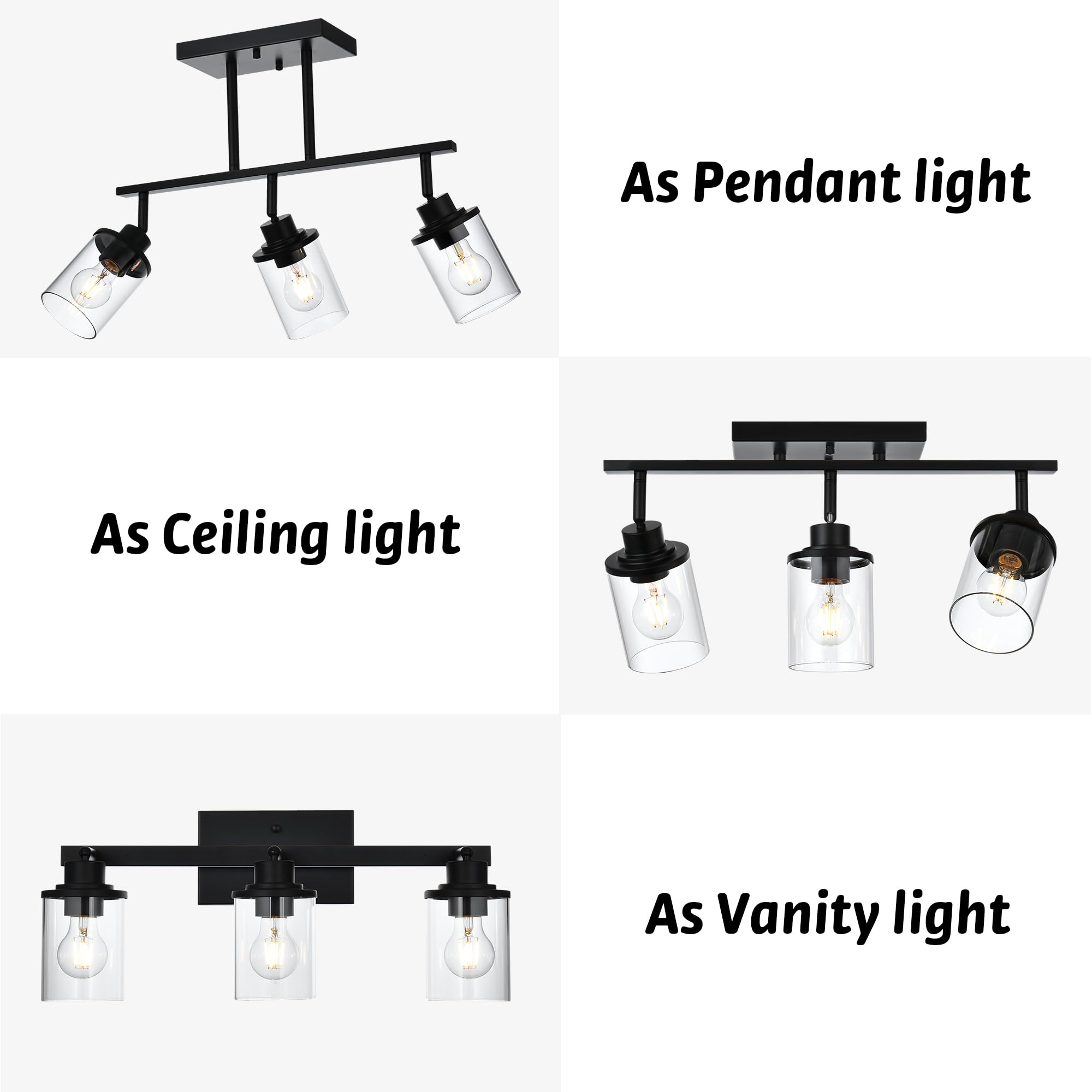 3-Light Adjustable Track Lighting Fixture - Black Modern Ceiling Light with Clear Glass Shade for Kitchen, Office, Living Room & Bathroom Vanity | Dimmable LED Track Lighting System for Home & Commercial Spaces