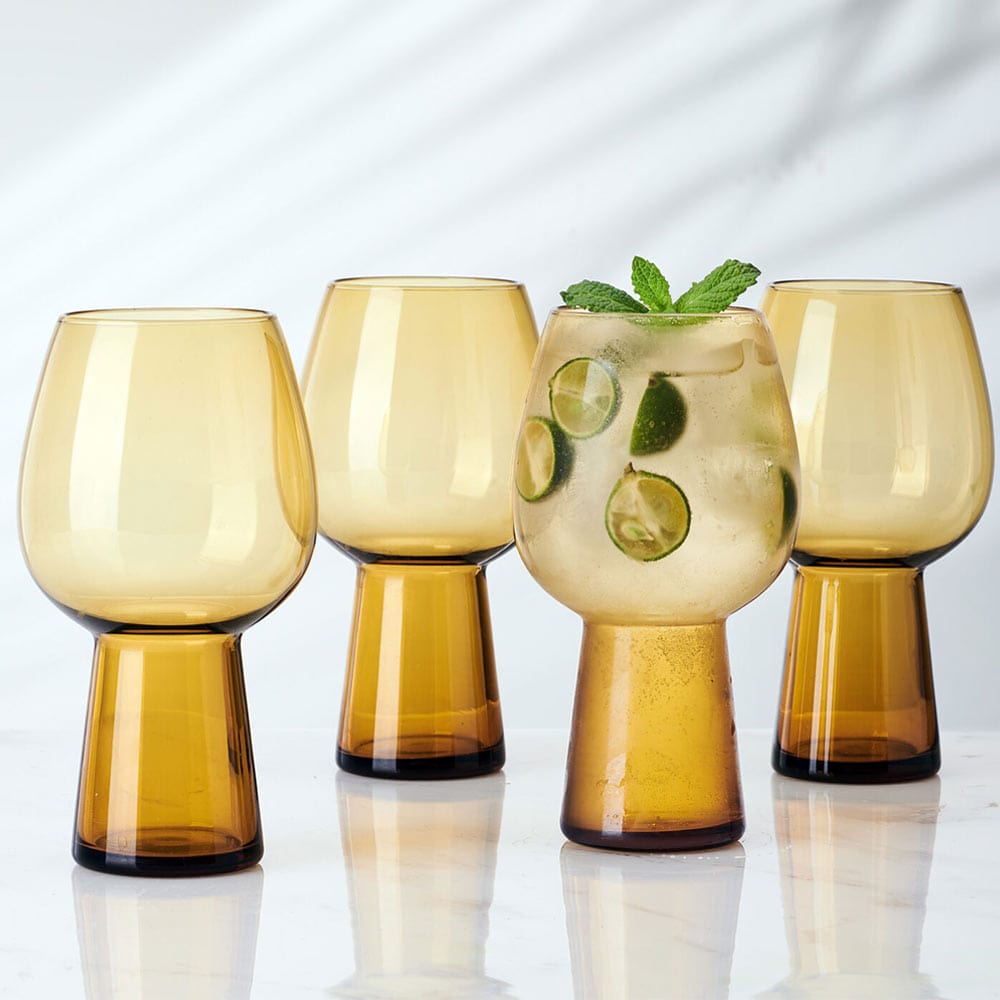 Phoebe Amber Set of 4 Elegant Goblet Beverage Glasses - Perfect for Wine, Cocktails & Dinner Parties