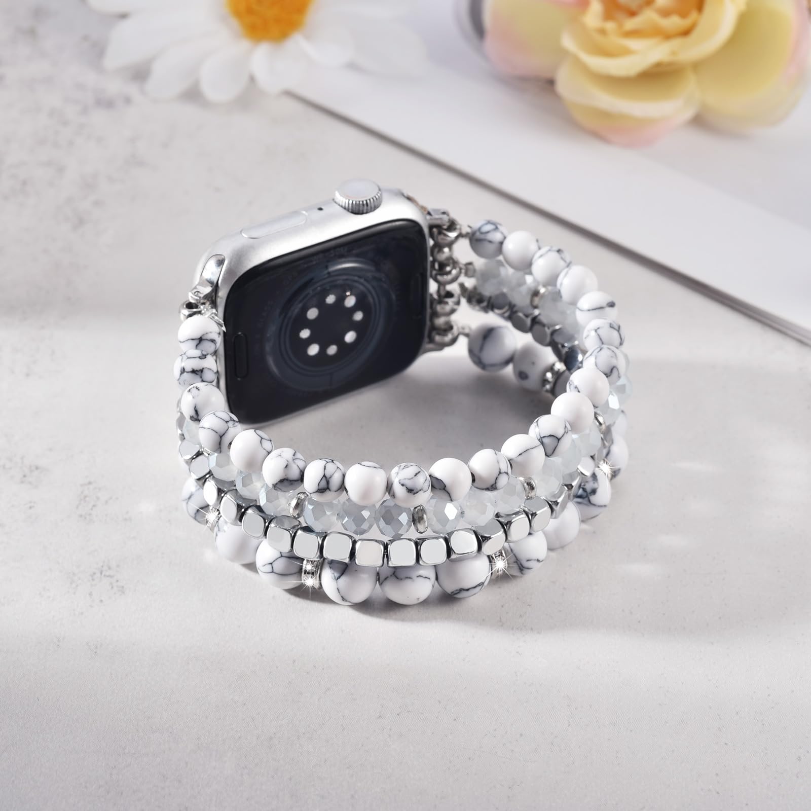 Natural Stone Beaded Stretch Bracelet Compatible with Apple Watch 38mm/40mm/41mm/42mm/44mm/45mm - Handmade Adjustable Strap for Women, iWatch Series 9/8/7/6/5/4/3/2/1/SE - Perfect for Office, Yoga & Casual Wear