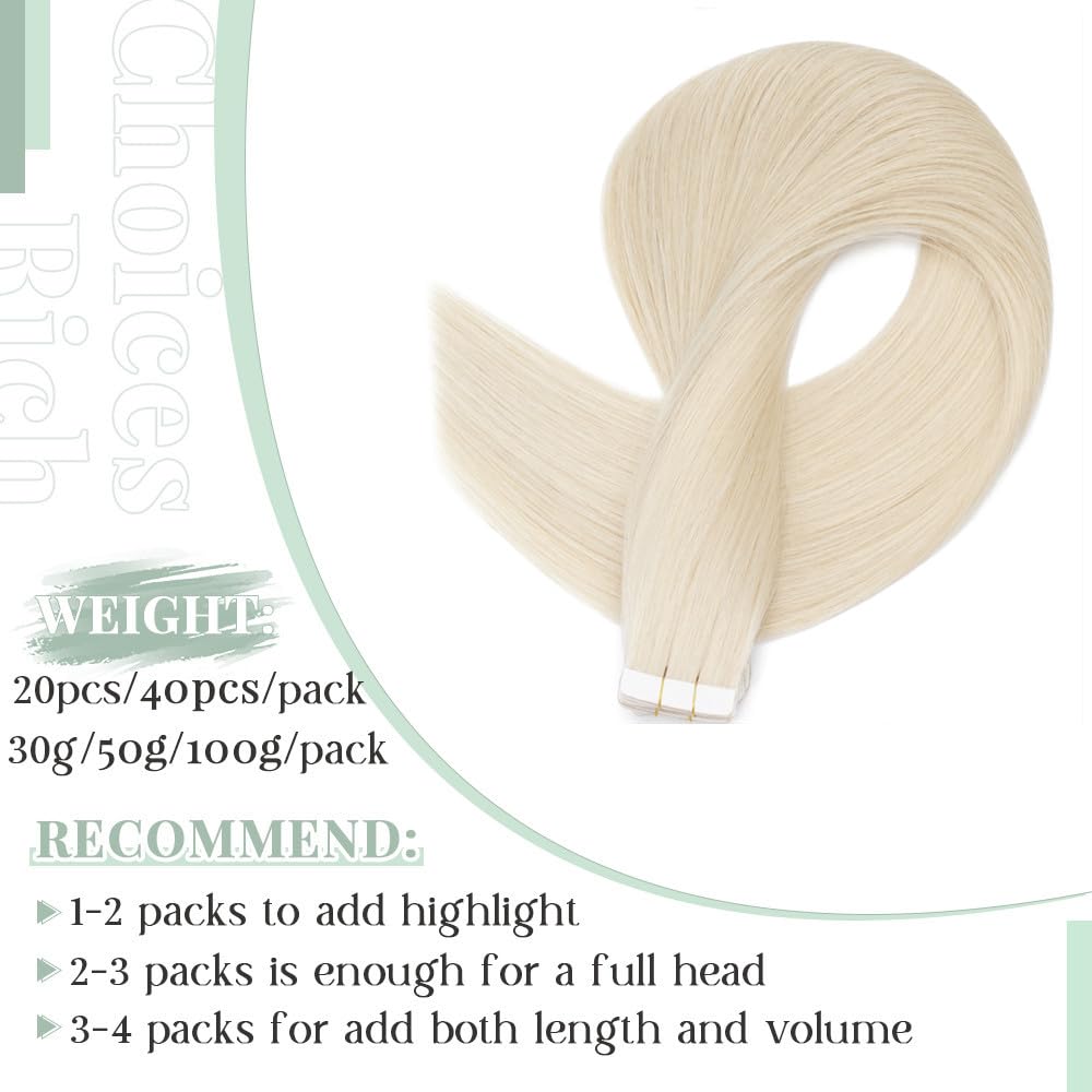 100% Remy Human Hair Tape in Extensions - 40pcs 100g Seamless Balayage Skin Weft - 22 Inch #70 White Blonde for Natural Volume & Length | Perfect for Weddings, Parties & Daily Styling
