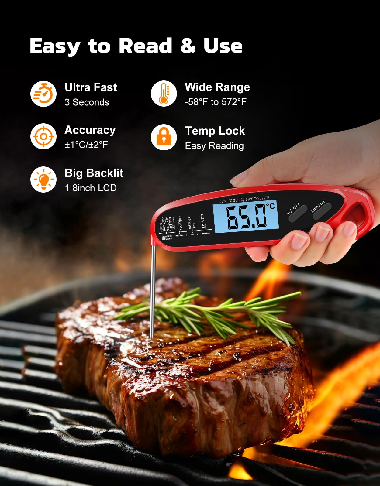 **Digital Instant Read Meat Thermometer with Dual Probes - Large Backlit LCD, Calibration Function - Perfect for Grilling, Smoking, BBQ, Oven, Air Fryer & Deep Frying - Essential Kitchen Cooking Tool**