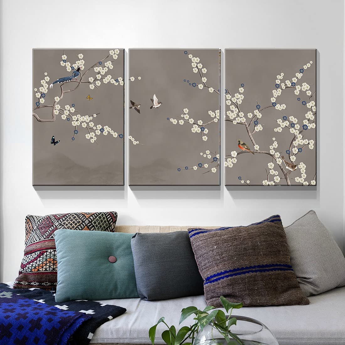 Looife 3-Piece Flower Canvas Wall Art - 16x24 Inch Birds on Plum Branch Grey Background Prints - Ready to Hang Wall Decor for Living Room, Bedroom & Office