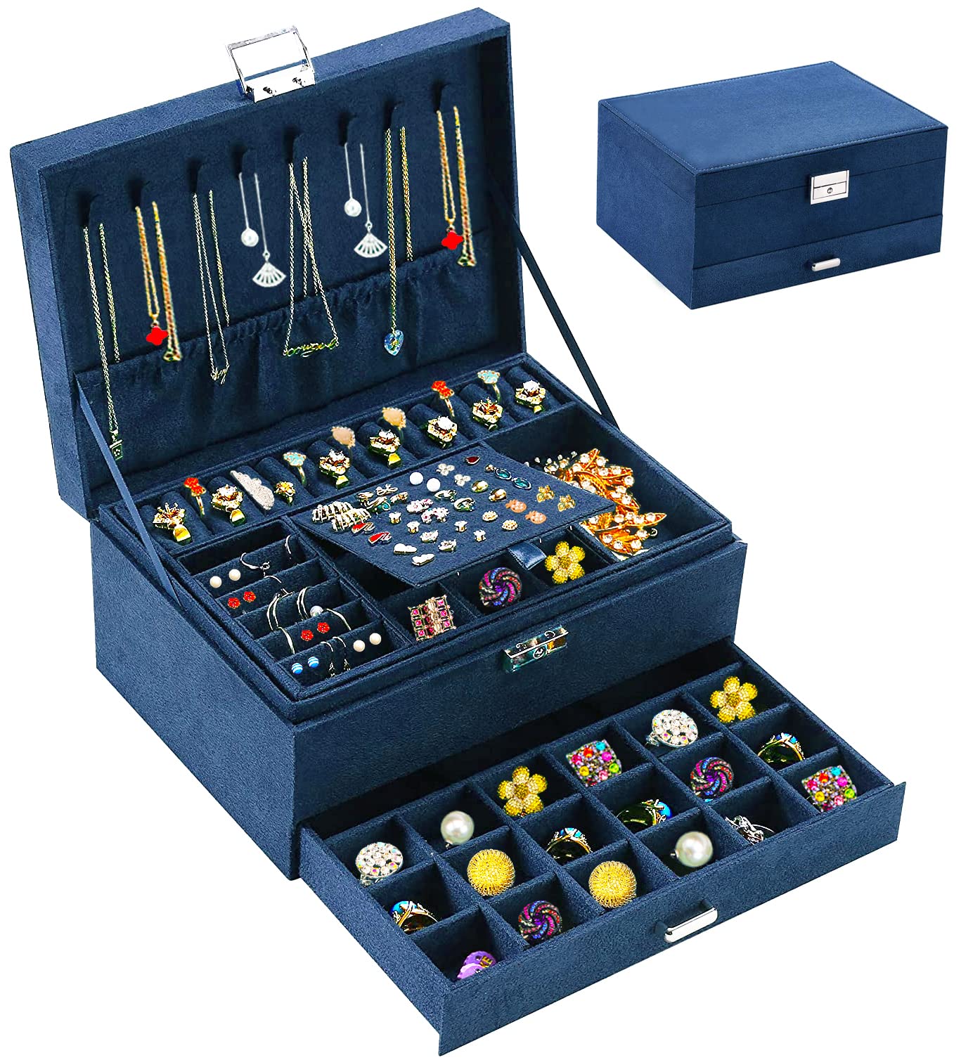 Luxury Navy Velvet Jewelry Box with Lock - Elegant Jewelry Organizer for Women & Teens - Necklace, Earring, Ring & Bracelet Storage Case - Perfect for Travel, Gifts & Home Decor