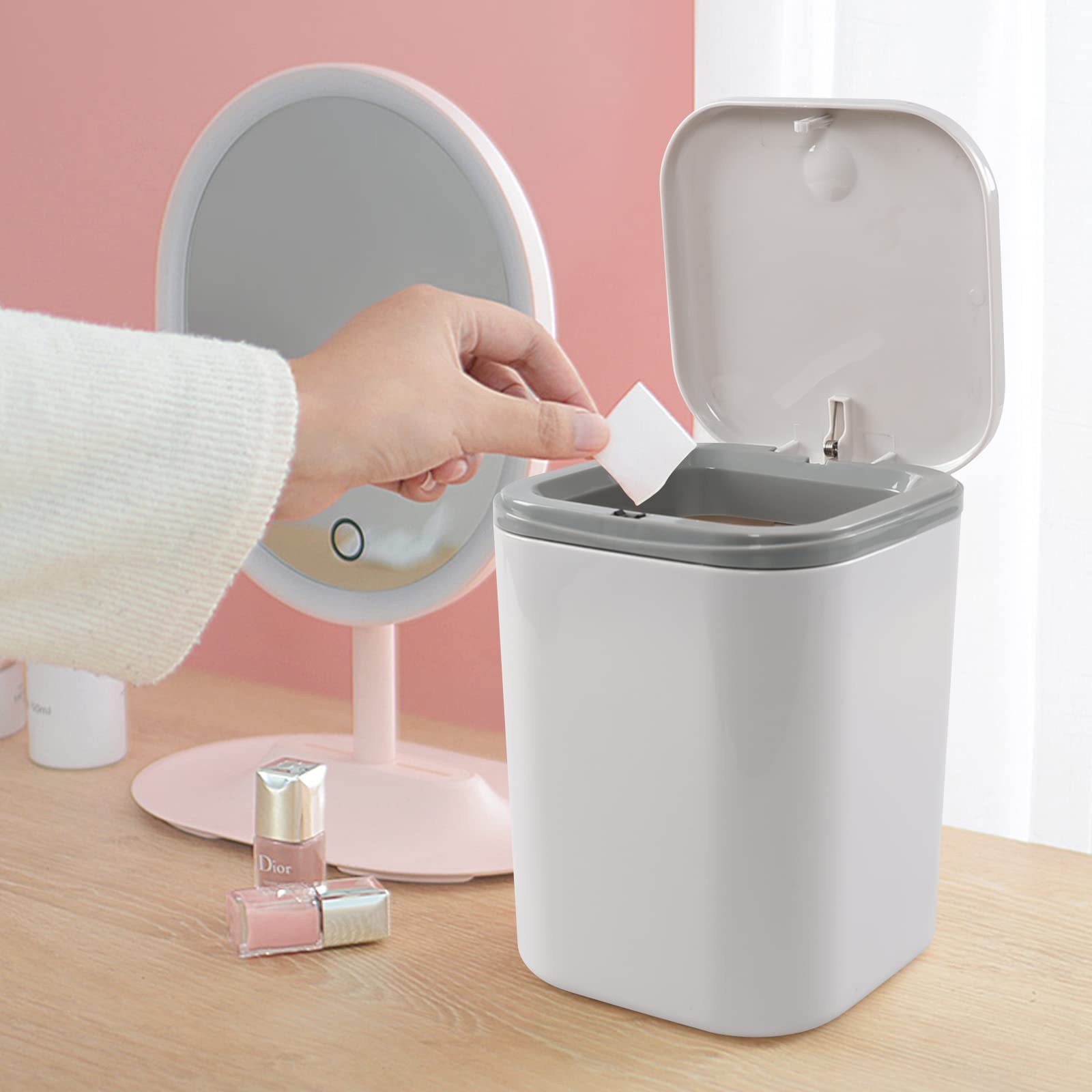 2L Plastic Mini Push-Button Trash Can - 0.5 Gallon Small Waste Bin for Office Desk, Kitchen Counter, Bathroom | Space-Saving Grey Garbage Can for Home & Office Use