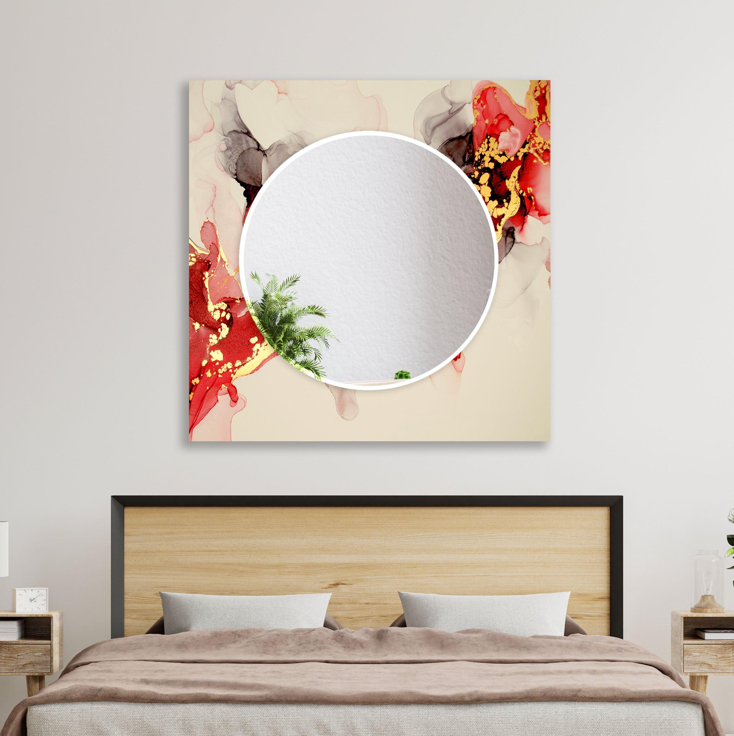 Beige and Gold Accent Wall Mirror with Red Details - Elegant Home Decor for Living Room, Bedroom, or Entryway