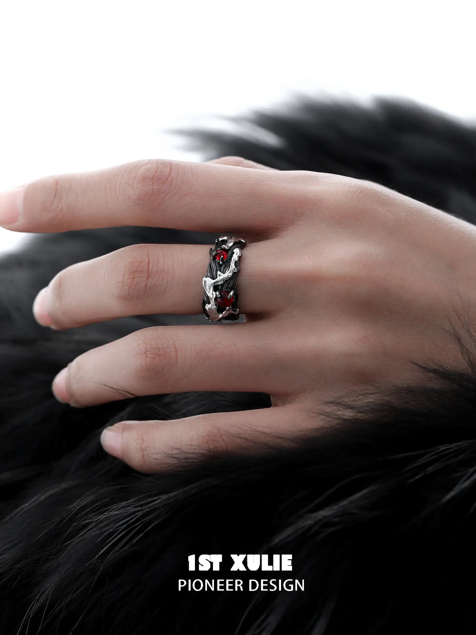 Lucifer Red Crystal 925 Sterling Silver 18K Black Gold Feather Ring™ for Women - Elegant Gothic Jewelry for Parties, Weddings & Special Occasions