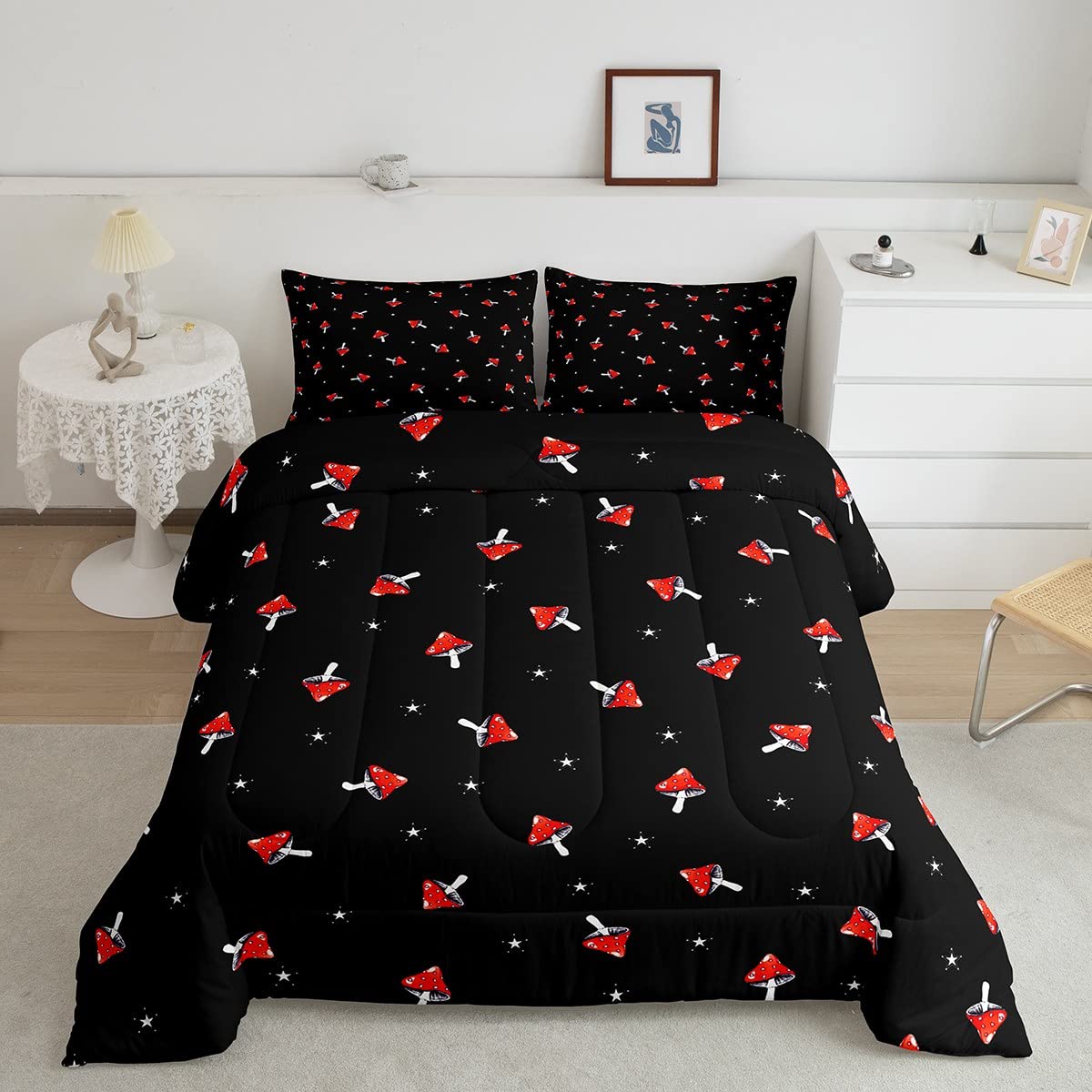 Feelyou Cute Mushroom Comforter Set Twin Size - Kids Girls Lightweight Botanical Duvet Cover with Pillowcase - Red & Black Floral Print Bedding for Nursery, Teen Room & Dorm Decor
