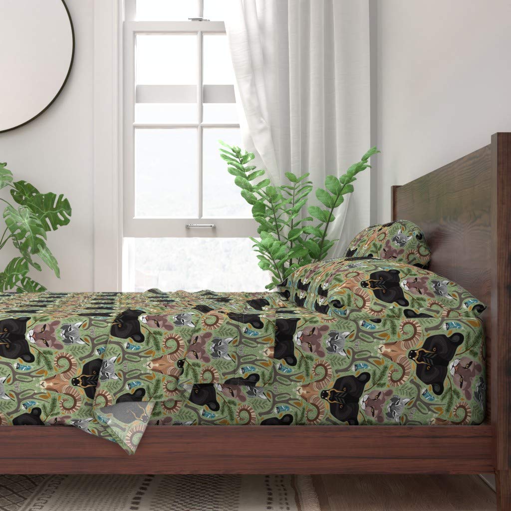 Premium 100% Cotton Twin Sheet Set - 3pc Mountain Animals Woodland Forest Nursery Bedding with Bear & Feather Print | Soft & Breathable for Kids' Room, Guest Bed, Dorm, or Cozy Cabin Retreat