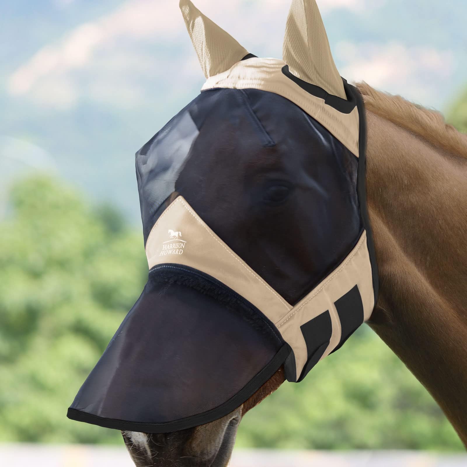 Harrison Howard CareMaster Pro Luminous Horse Fly Mask - Large Eye Space, Long Nose with Ears, UV Protection - Light Champagne Color, Full Size - Perfect for Riding, Training, and Pasture Protection