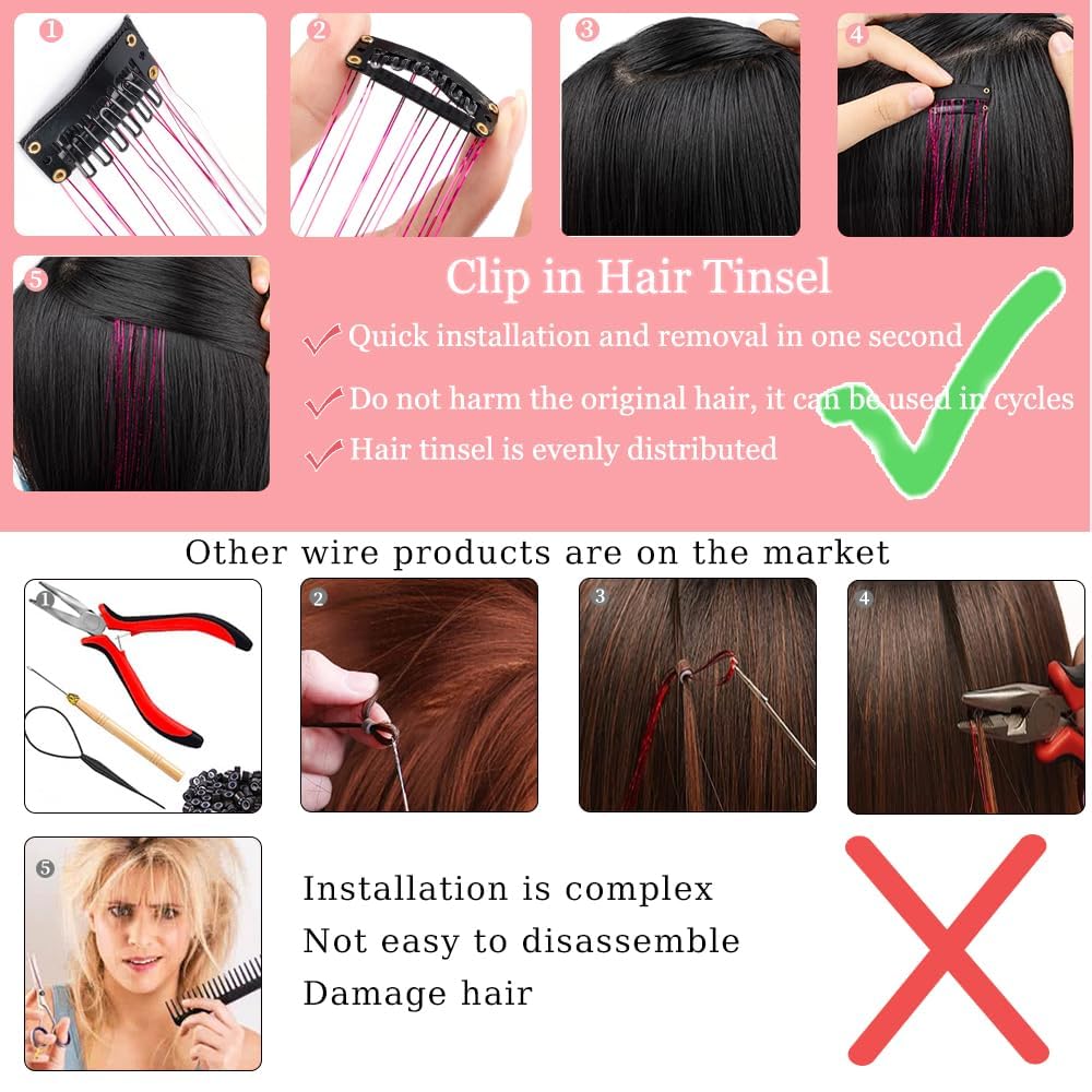 Premium Hair Tinsel Kit - 200 Strands Heat-Resistant Glitter Hair Extensions with 4 U-Shape Snap Clips (Rainbow) | Sparkling Fairy Hair for Women, Girls & Kids | Perfect for Parties, Festivals & Special Occasions