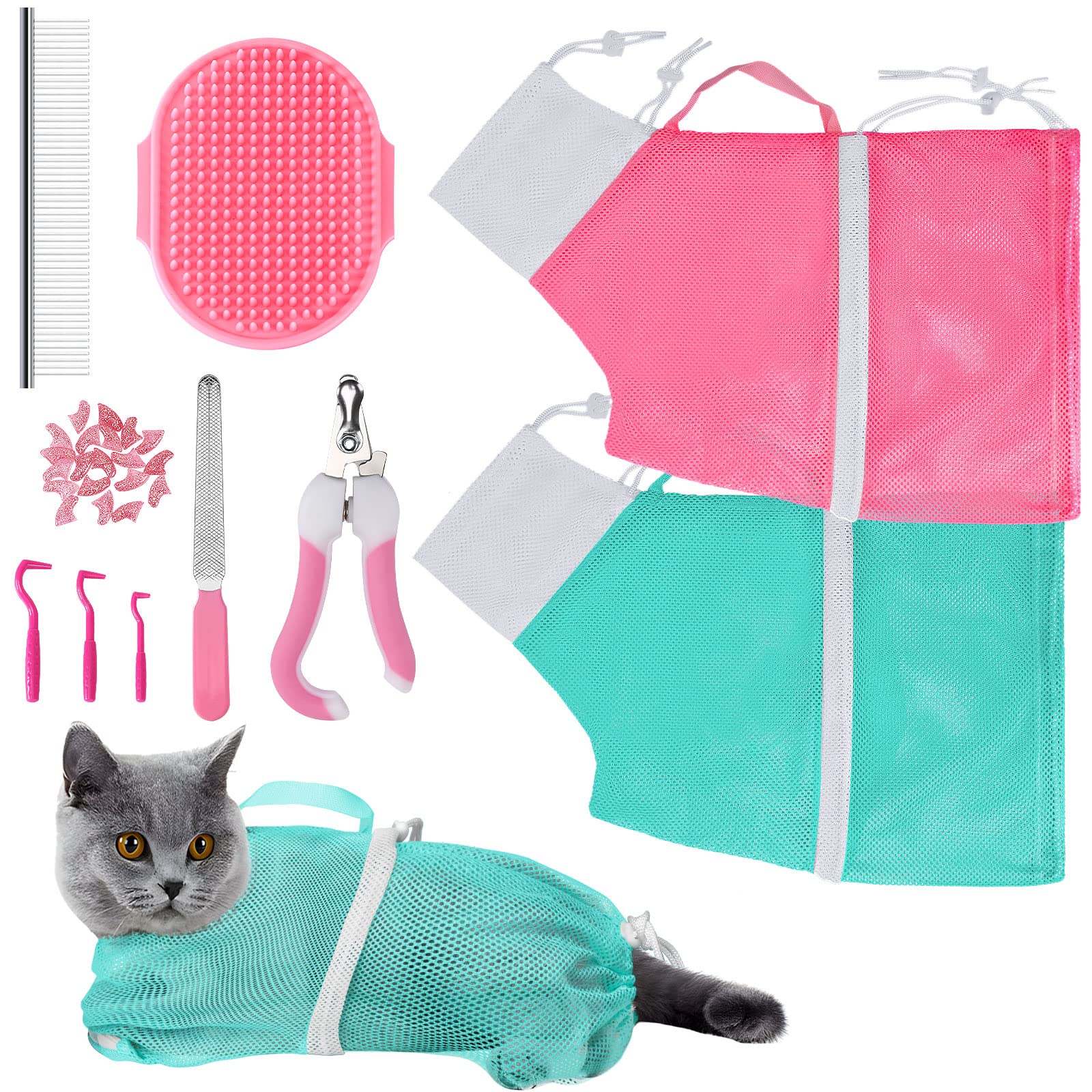 JULMELON 10-Piece Cat Grooming Kit - Adjustable Pet Shower Bag, Grooming Brush, Nail Clippers, Nail File, Hair Combs & Tick Tool for Bathing, Nail Trimming & Vet Exams (Pink+Green) - Perfect for Home Pet Care & Professional Grooming