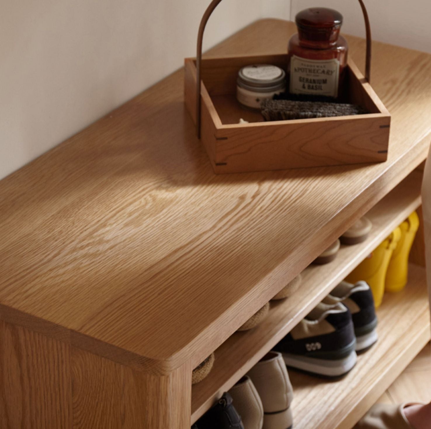 Solid Oak Wood Shoe Storage Bench with Cushion - Entryway Organizer for Shoes, Boots & Accessories - Perfect for Hallway, Mudroom & Closet Organization