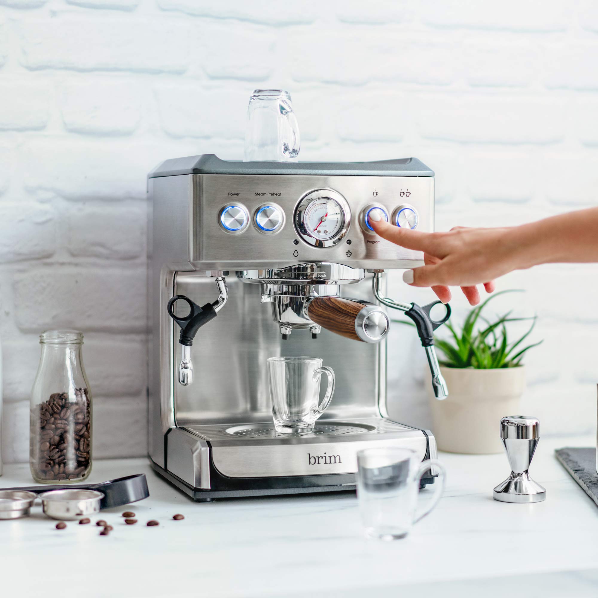 Brim 19 Bar Espresso Machine - Fast Heating Professional Coffee Maker for Cappuccino, Americano & Latte with Milk Steamer/Frother | Stainless Steel with Wood Accents | Removable Parts for Easy Cleaning | Perfect for Home Kitchen & Office Coffee Break