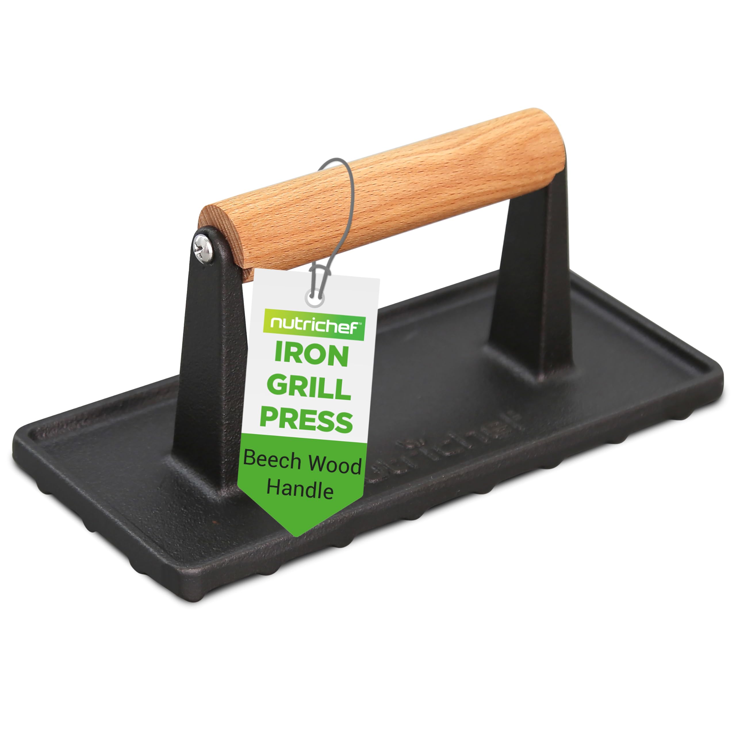 Nutrichef Heavy-Duty Cast Iron Grill Press with Wooden Handle - Perfect for Steaks, Burgers, Bacon & Quesadillas - Speeds Cooking & Creates Beautiful Grill Marks - Ideal for BBQ, Camping & Indoor Grilling