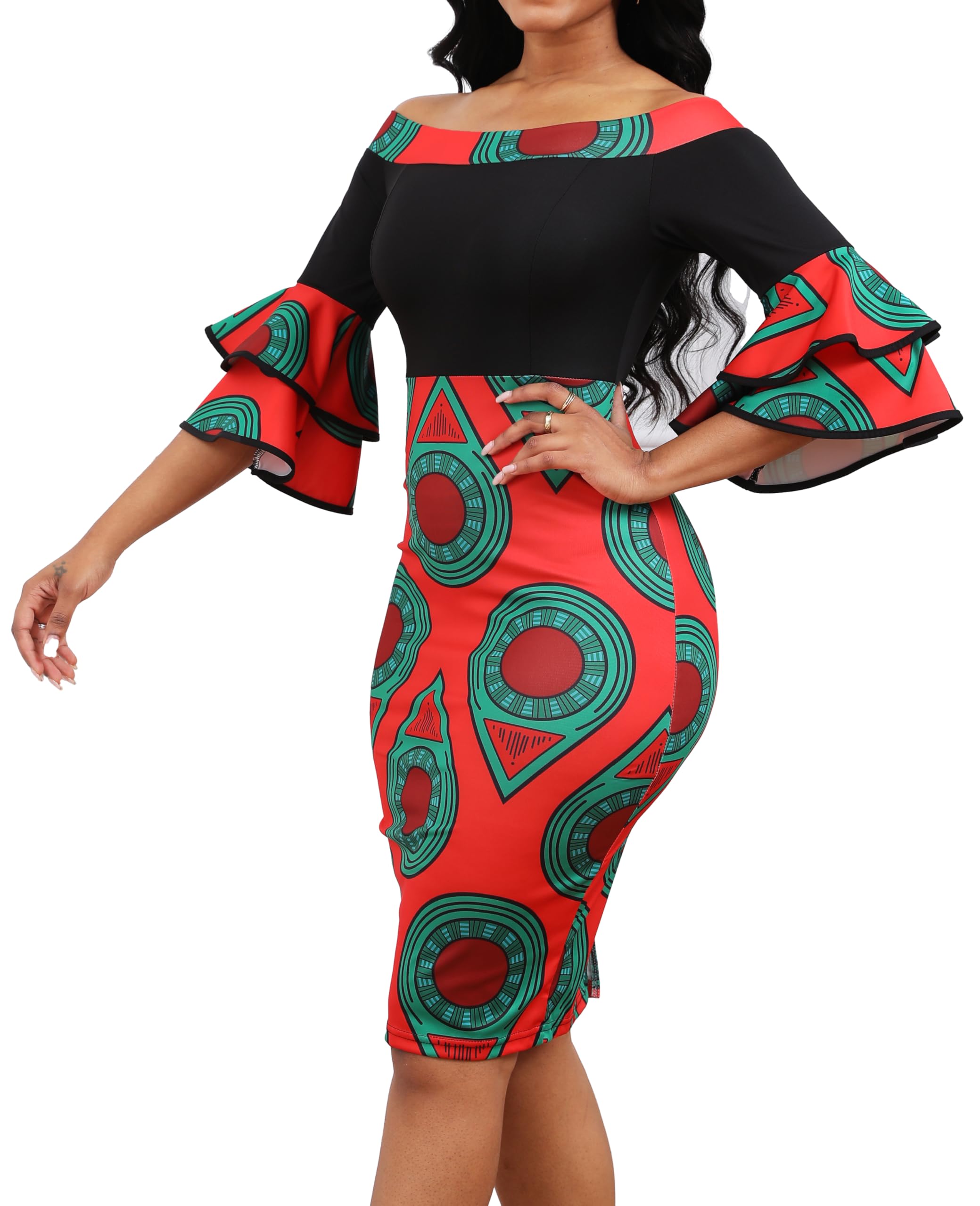 Sexy African Print Dress for Women - Elegant Off Shoulder Ruffled Sleeve Pencil Dress | Perfect for Date Night, Parties & Special Occasions