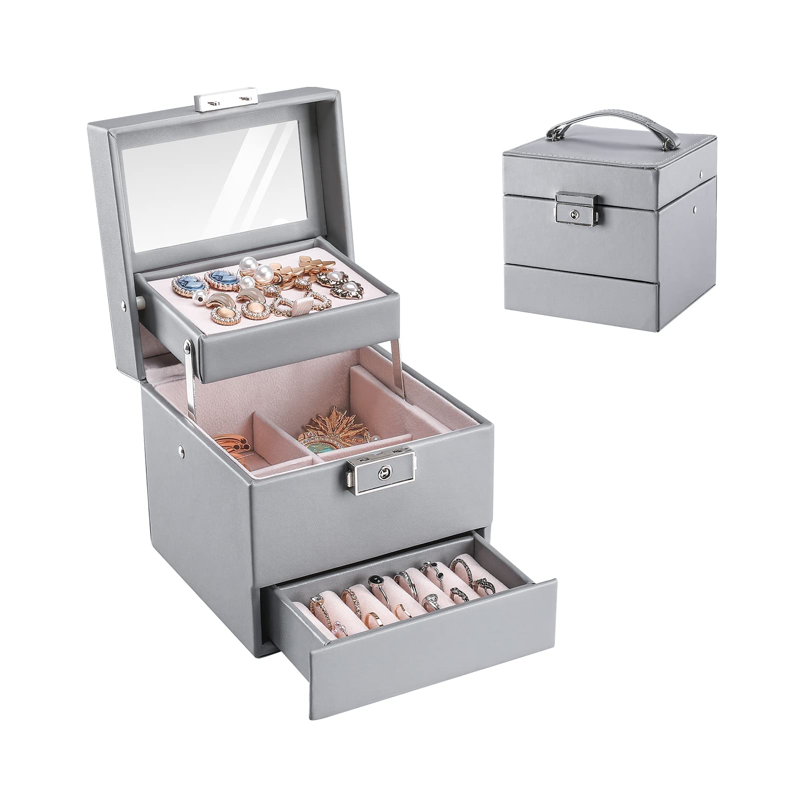 ProCase 3-Layer Jewelry Organizer Box with Mirror & Lock - Travel Jewelry Storage Case for Women, Girls | Perfect Gift for Earrings, Rings, Necklaces, Bracelets | Ideal for Travel, Home Display & Daily Organization (Grey)