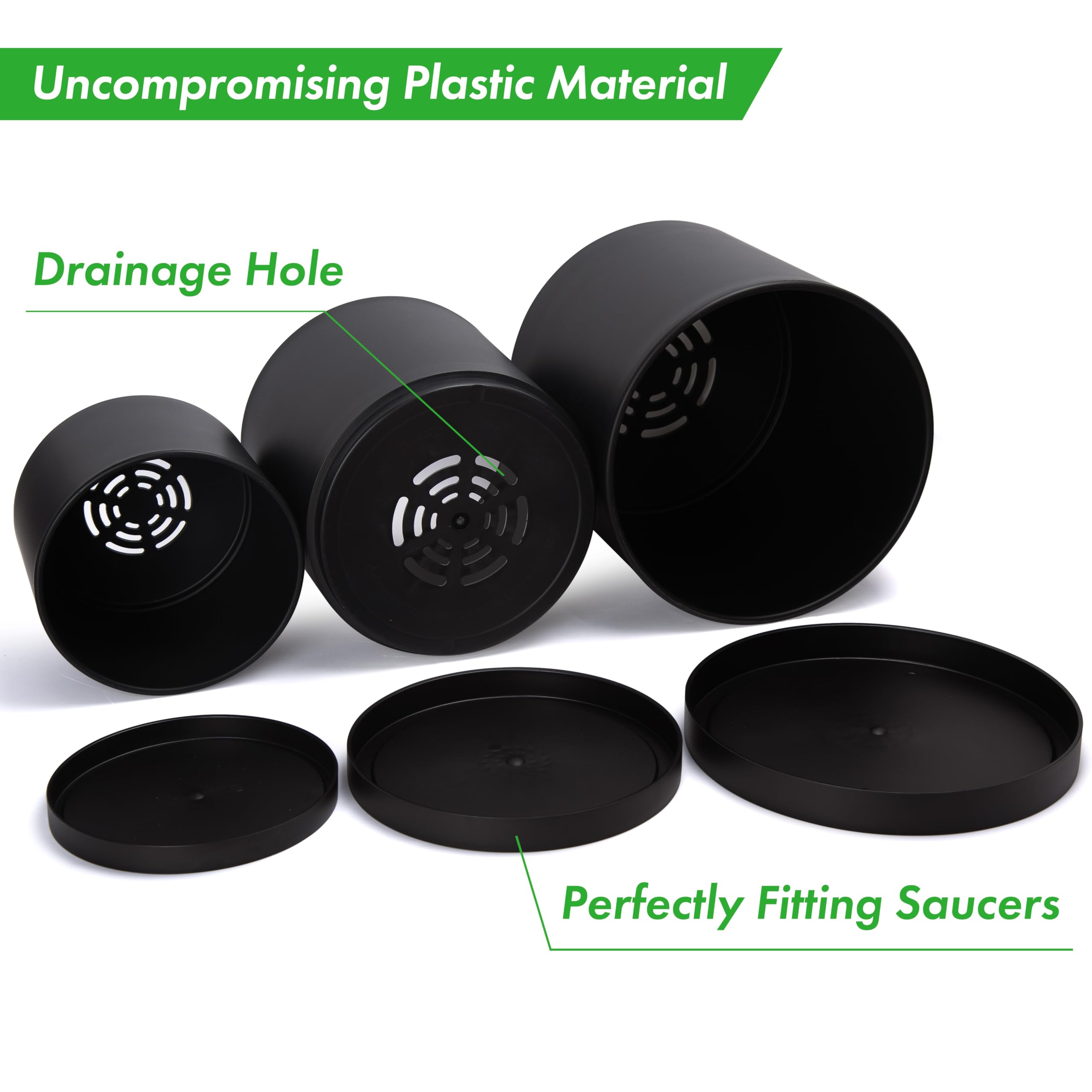 D'vine Dev 10/12/14 Inch Plastic Plant Pots Set of 3 with Drainage Holes & Saucers - Black XX-Large Indoor/Outdoor Flower Planters for Home Garden Decor (74-V-B-6)