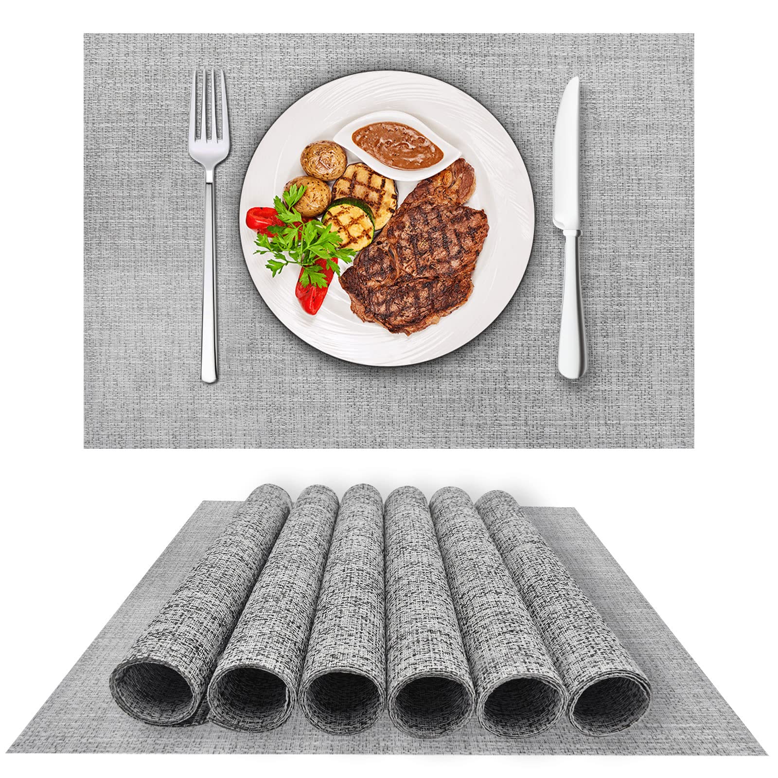 4-Pack Woven Vinyl Placemats for Dining Table - Waterproof & Washable Indoor/Outdoor Placemat Set (Smoky Grey) - Perfect for Kitchen, Patio, Picnic & Daily Use