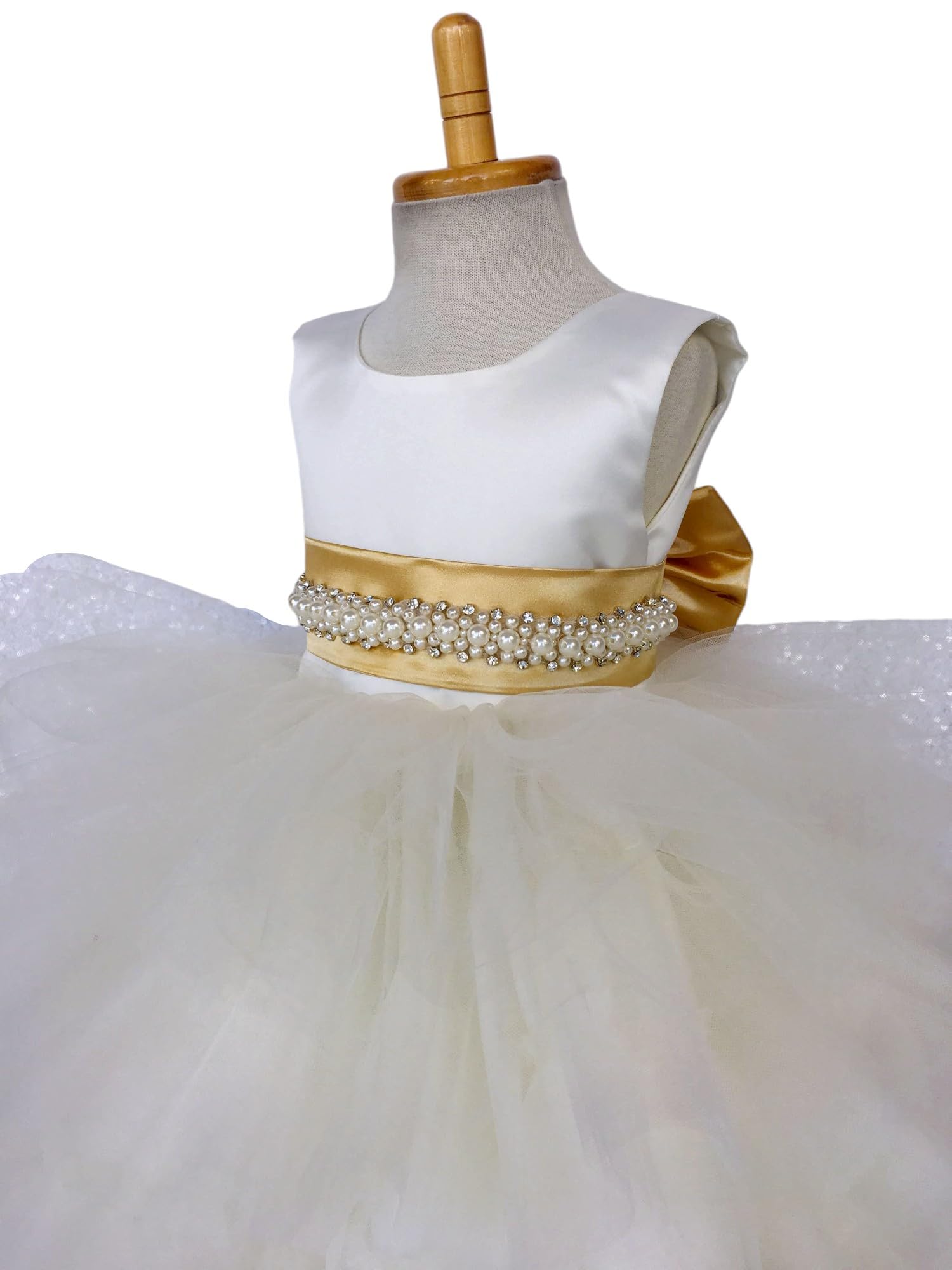 Ivory Sleeveless High-Low Tulle Flower Girl Dress with Ruffle & Gold Accessories - Perfect for Weddings, Birthday Parties & Special Occasions (Size 14)