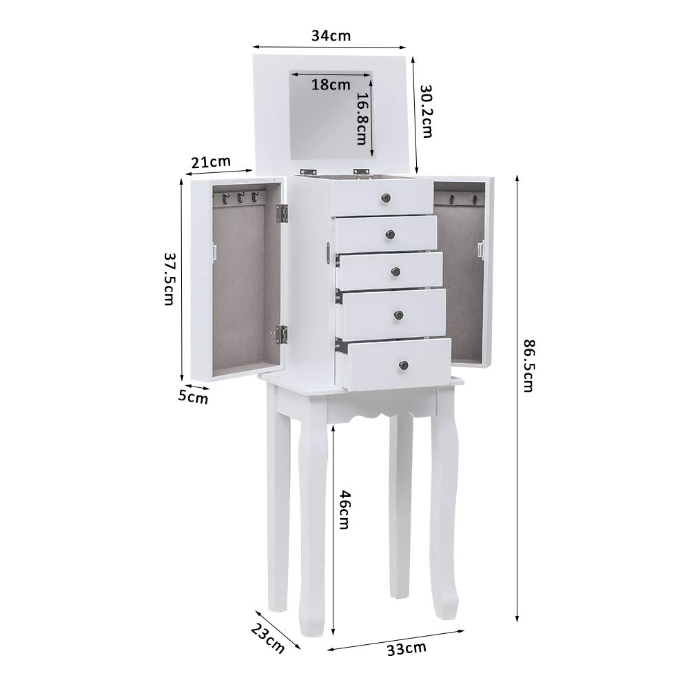 GT4-LY Durable Standing Jewelry Armoire with Mirror - 5 Drawers & 8 Necklace Hooks, Jewelry Storage Cabinet with Top Organizer & 2 Side Swing Doors (White) | Perfect for Bedroom, Closet & Dressing Room Organization