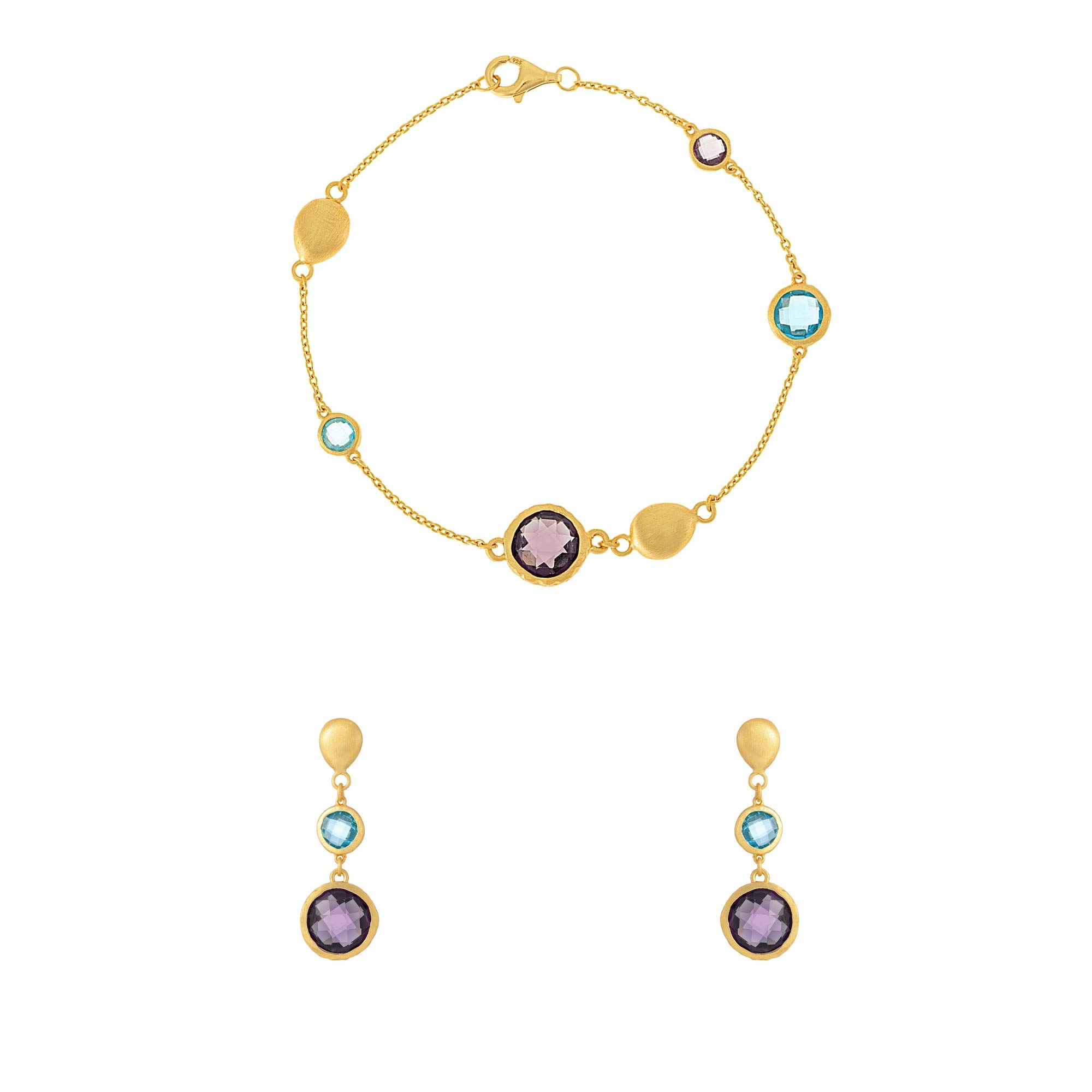 925 Sterling Silver Women's Jewelry Set with Blue & Purple Gemstones - Brushed Gold Plated Necklace, Earrings & Bracelet for Elegant Evening Wear & Special Occasions
