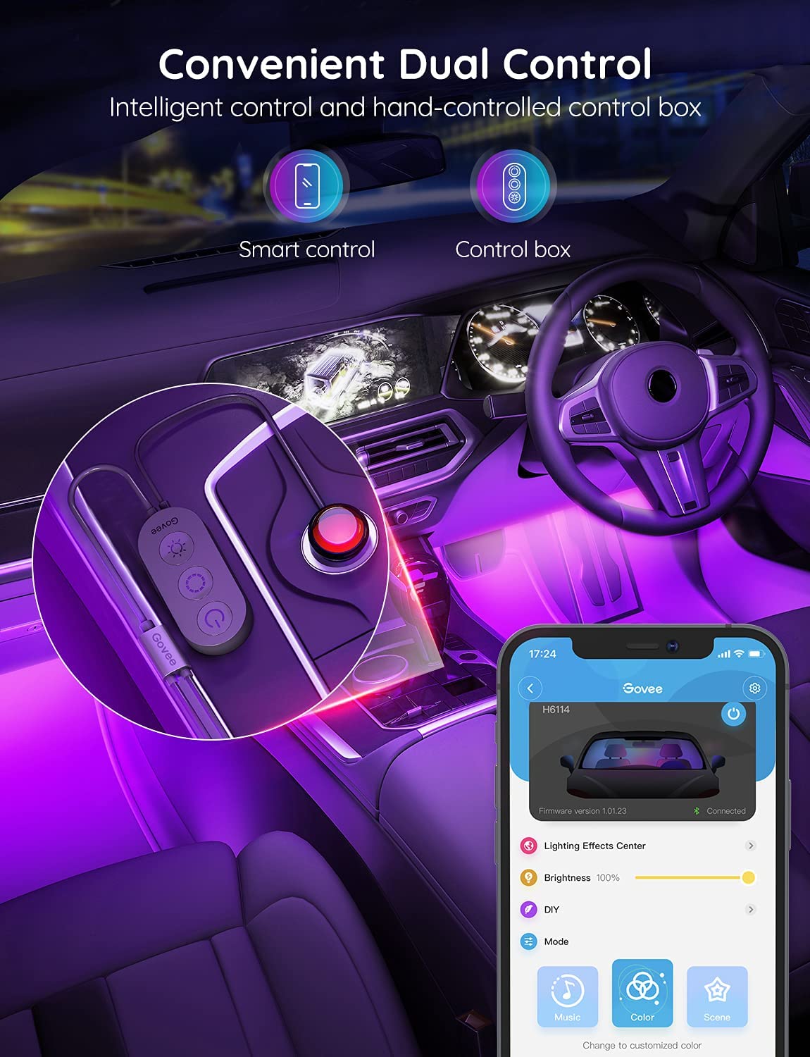 Govee Smart Car LED Interior Lights - App Controlled RGB Lights with DIY & Music Sync, 12V 2-Line Design with Car Charger | Perfect for Night Driving, Car Parties & Custom Vehicle Lighting