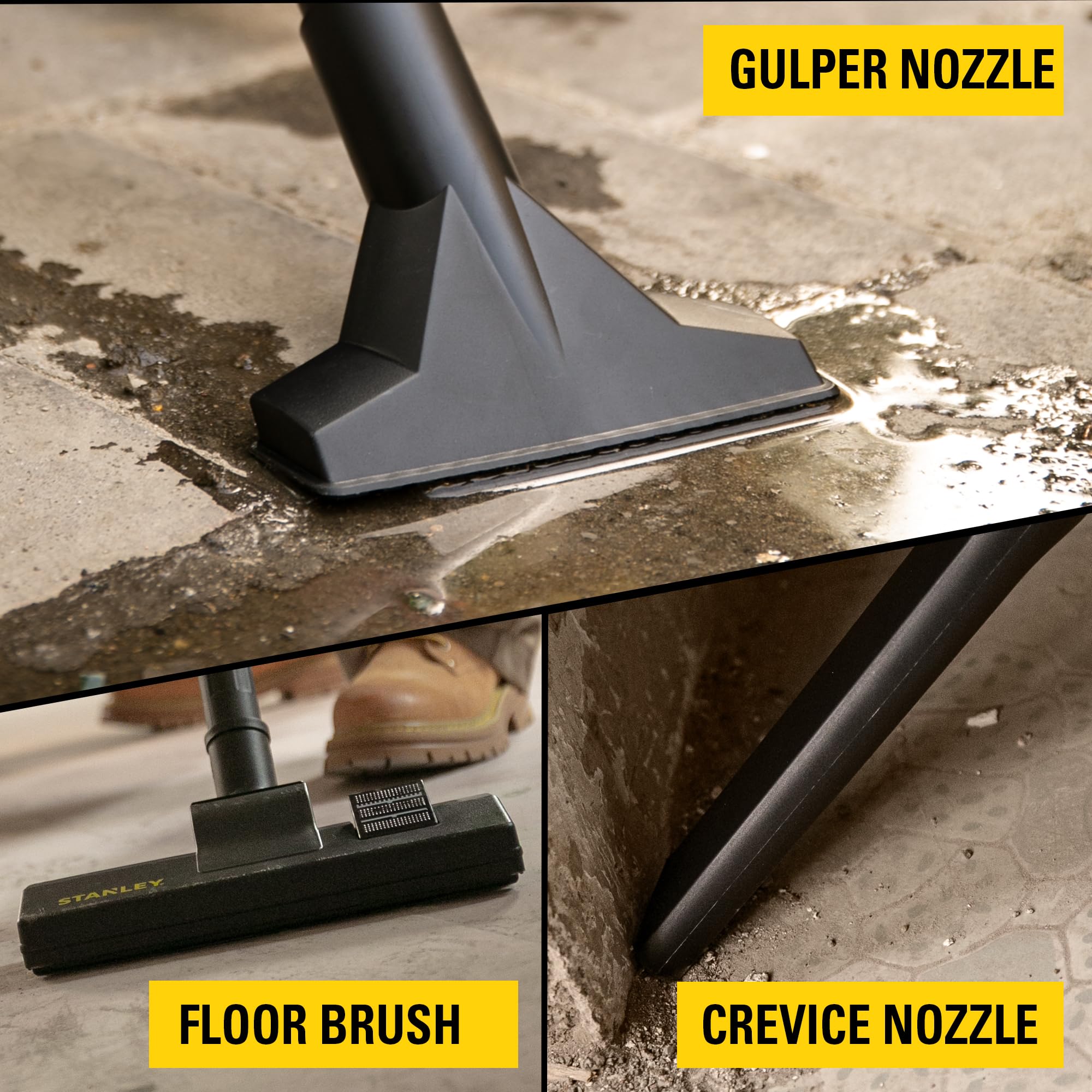 Stanley 4 Gallon Wet/Dry Vacuum Cleaner - 4 Peak HP Stainless Steel Shop Vac with Blower Function | Powerful 3-in-1 Design for Home, Garage, Car, Workshop & Pet Hair Cleaning | Durable Silver/Yellow/Black Design for Heavy-Duty Use in Construction, DIY Projects & Auto Detailing