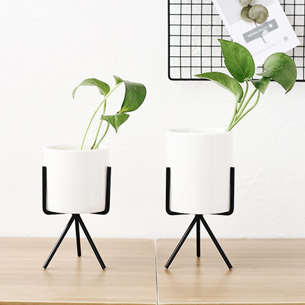 Veemoon Ceramic Flower Pot Set of 3 - Modern Indoor Planters with Iron Stand for Succulents, Cactus & Houseplants | Perfect for Home Decor, Office Desk & Gift Giving