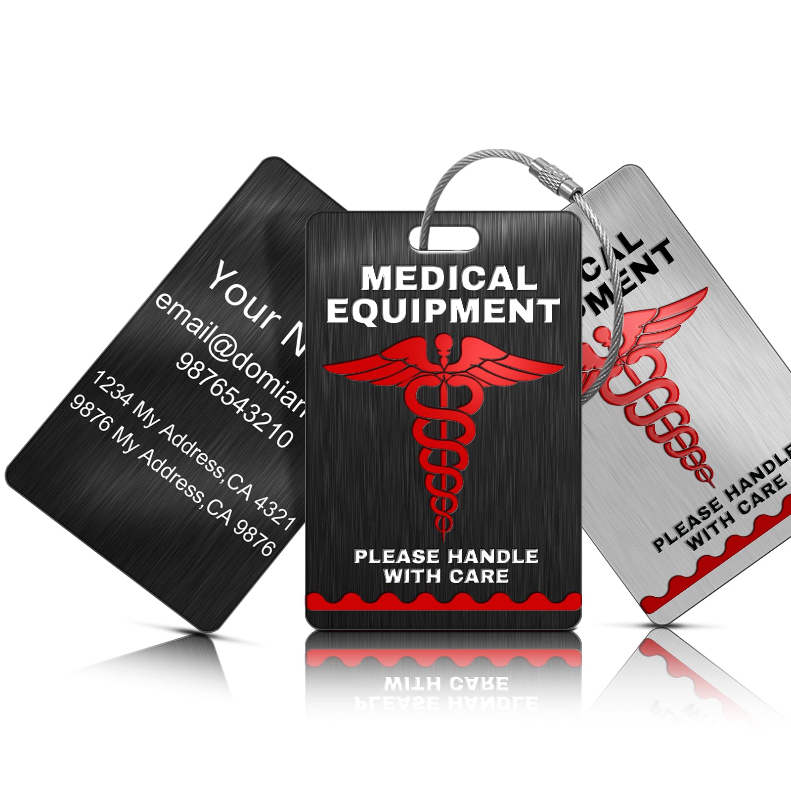 Custom Stainless Steel Medical Equipment Luggage Tags - Personalized Metal Travel ID Tags for Respiratory Devices & Carry-Ons - Durable Medical Alert Name Tags for Equipment (Black) - Perfect for Hospitals, Air Travel & Emergency Preparedness