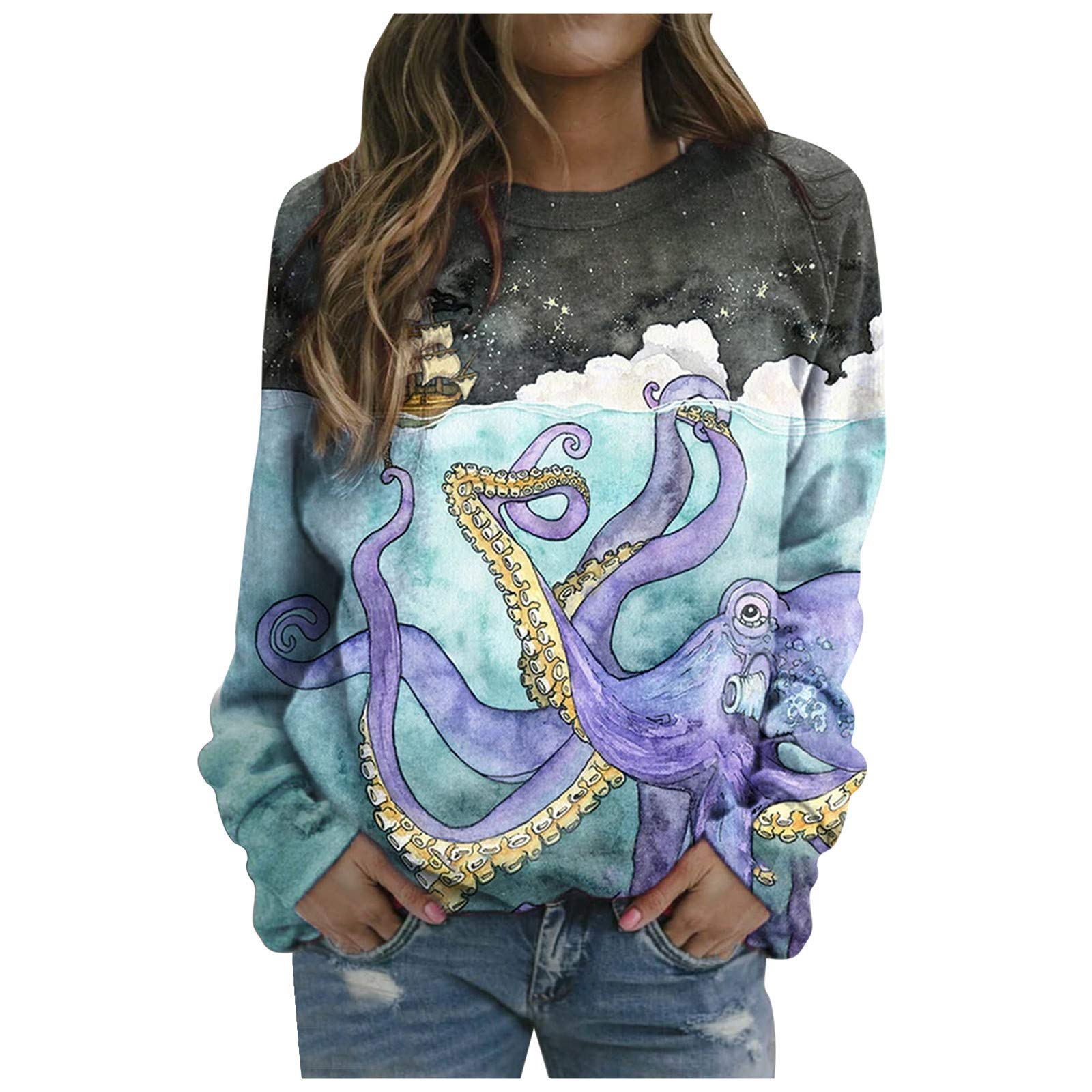 Wocachi 2022 Women's Fashion Blouse - Round Neck Ocean Animal Print Long Sleeve Tunic Top | Comfortable Crop Shirt for Casual & Formal Wear | Office, Party, Date Night Outfits | Plus Size & Tall Options Under $10