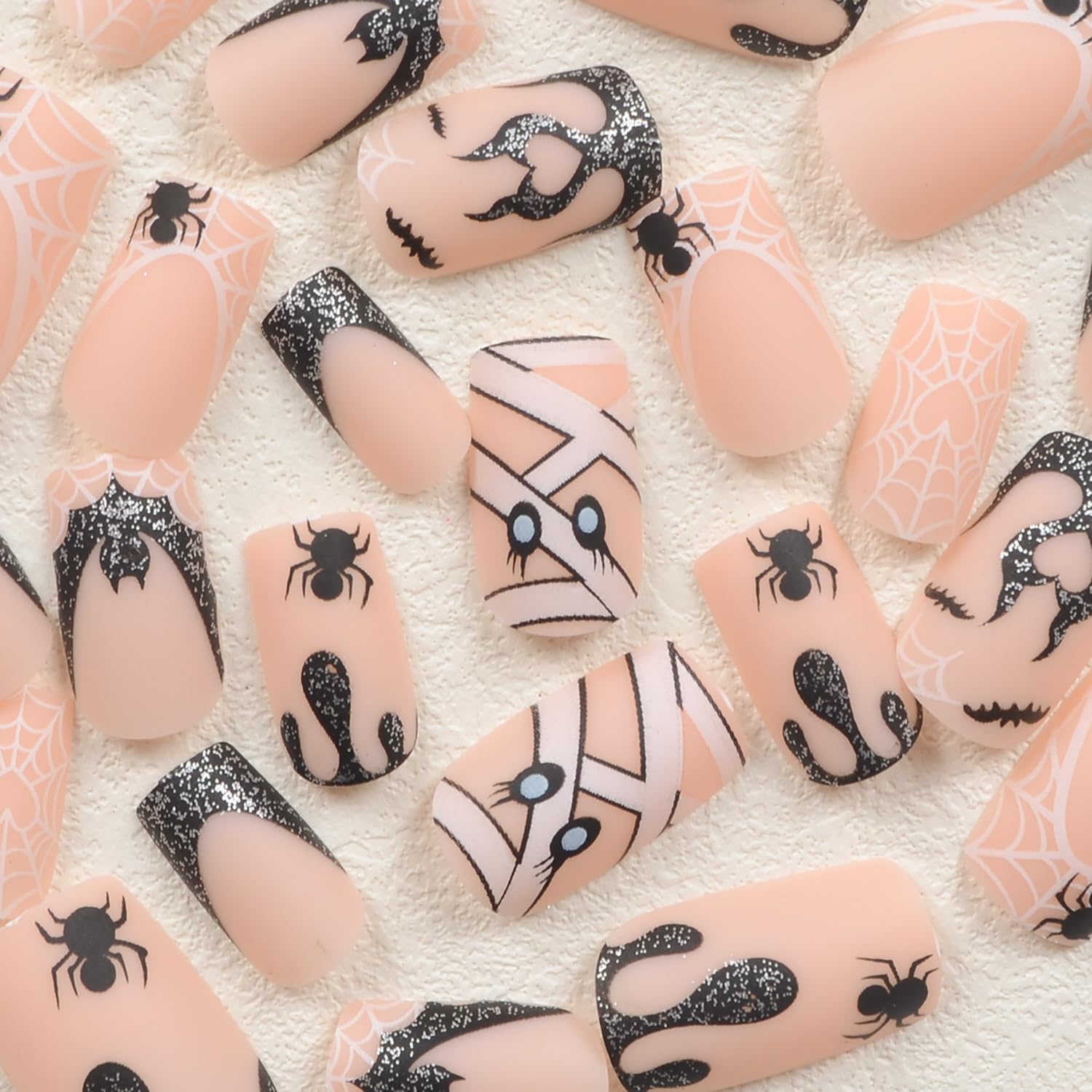 24 Pcs Matte Pink Press on Nails - Medium Length Halloween Fake Nails with Glue, Cute French Tip False Nails with Spider Web & Flame Design - Full Cover Nail Tips for Women & Girls - Perfect for Halloween Parties, Cosplay, and Nail Art Enthusiasts