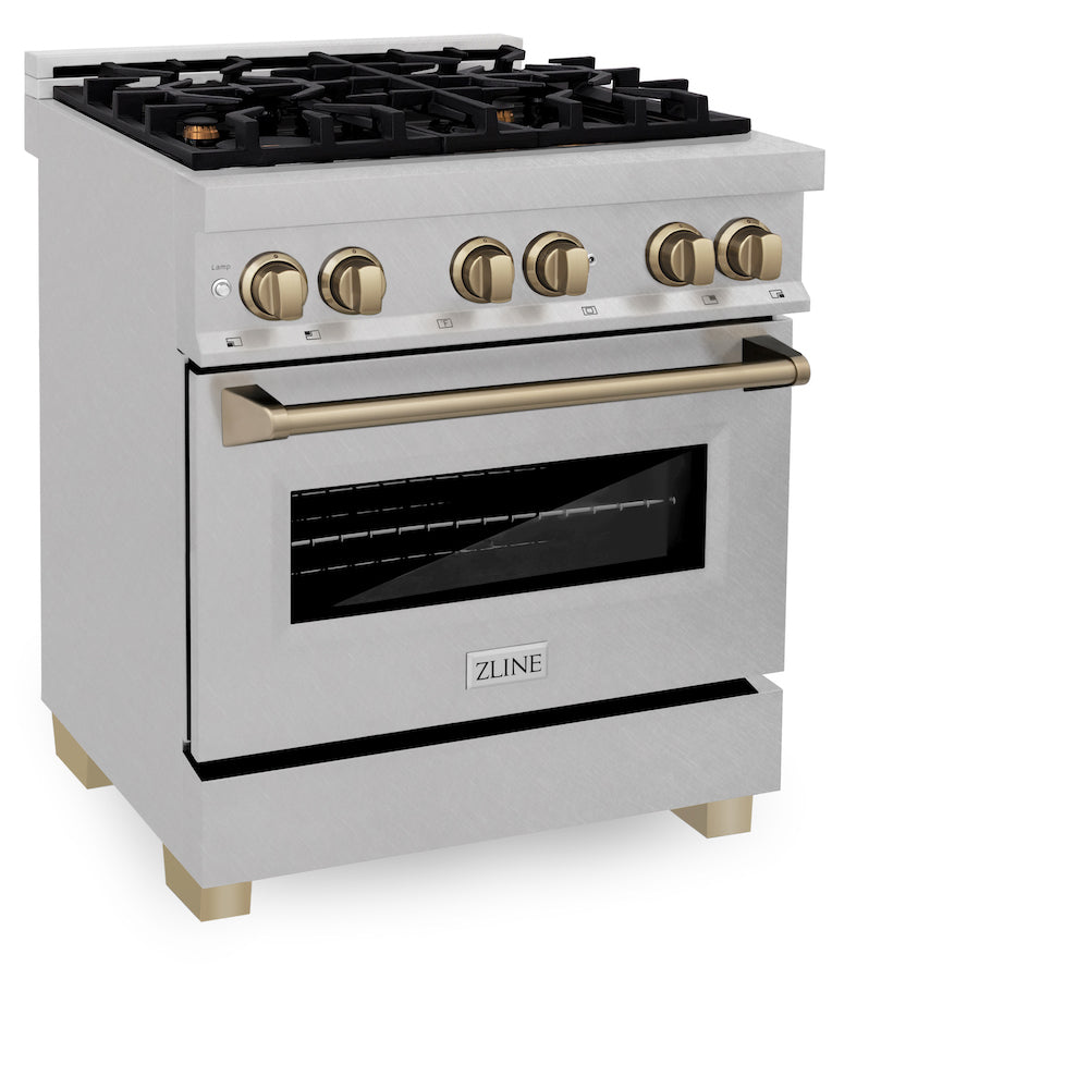 ZLINE Autograph Edition 30-inch 4.0 cu. ft. Dual Fuel Range with 4-Burner Gas Cooktop & Electric Convection Oven - Satin Stainless Steel with Champagne Bronze Accents (RASZ SN 30 CB) | Perfect for Gourmet Cooking & Modern Kitchens