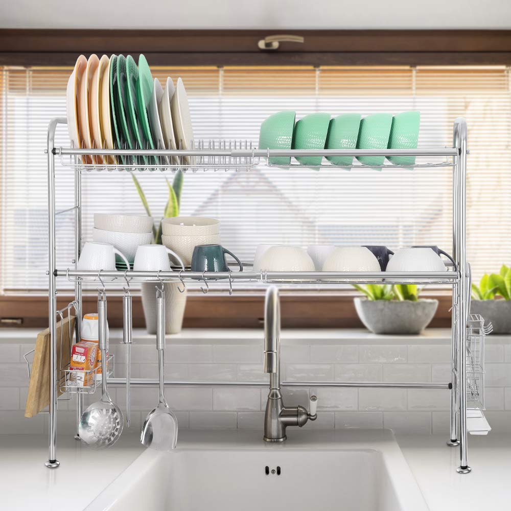 Premium 2-Tier Over The Sink Dish Drying Rack - 304 Stainless Steel Kitchen Counter Shelf with Utensil Holder Hooks (Silver) | Space-Saving Kitchen Organizer for Dishes, Cups & Cooking Tools | Perfect for Small Apartments & Compact Kitchens