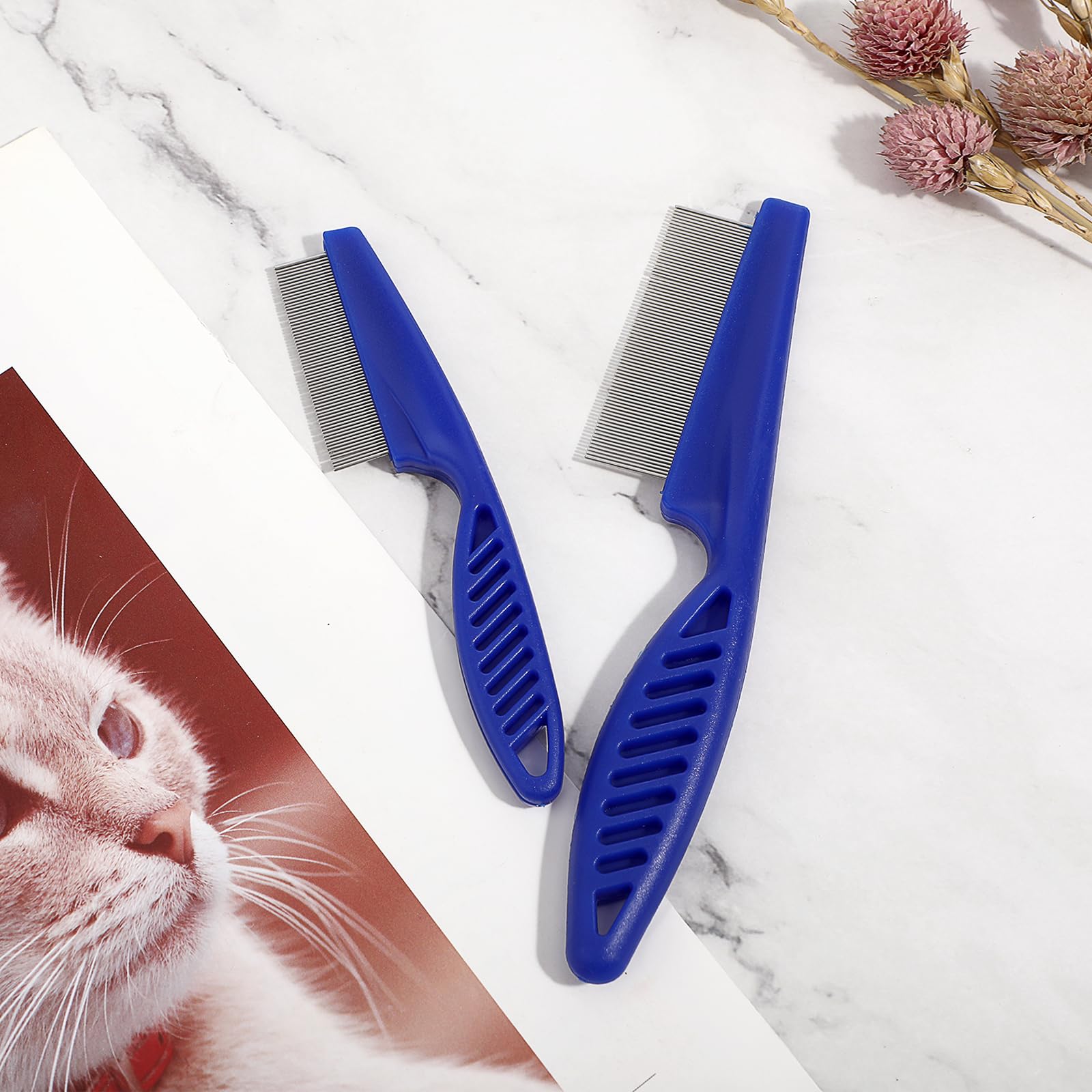 2-in-1 Stainless Steel Pet Grooming Comb Kit - Dual Sided Dog Comb for Hair Removal, Tangle & Flea Control - Tear Stain Remover & Massage Brush (2 Pack, Blue) - Perfect for Daily Grooming & Professional Pet Care