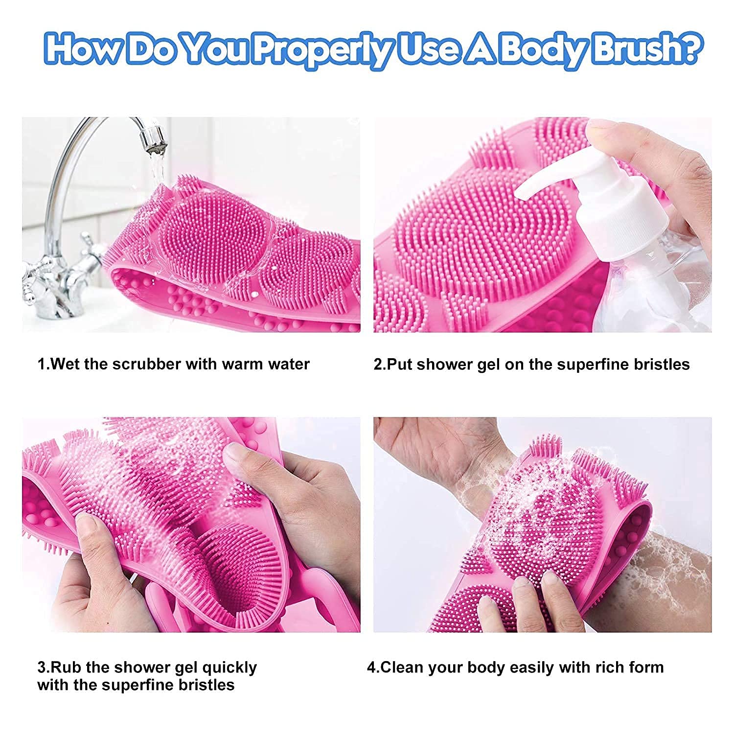 Soft Silicone Bath Brush with Long Handle - Pink Exfoliating Body Scrubber for Smooth Skin | Perfect for Shower, Spa & Exfoliation at Home