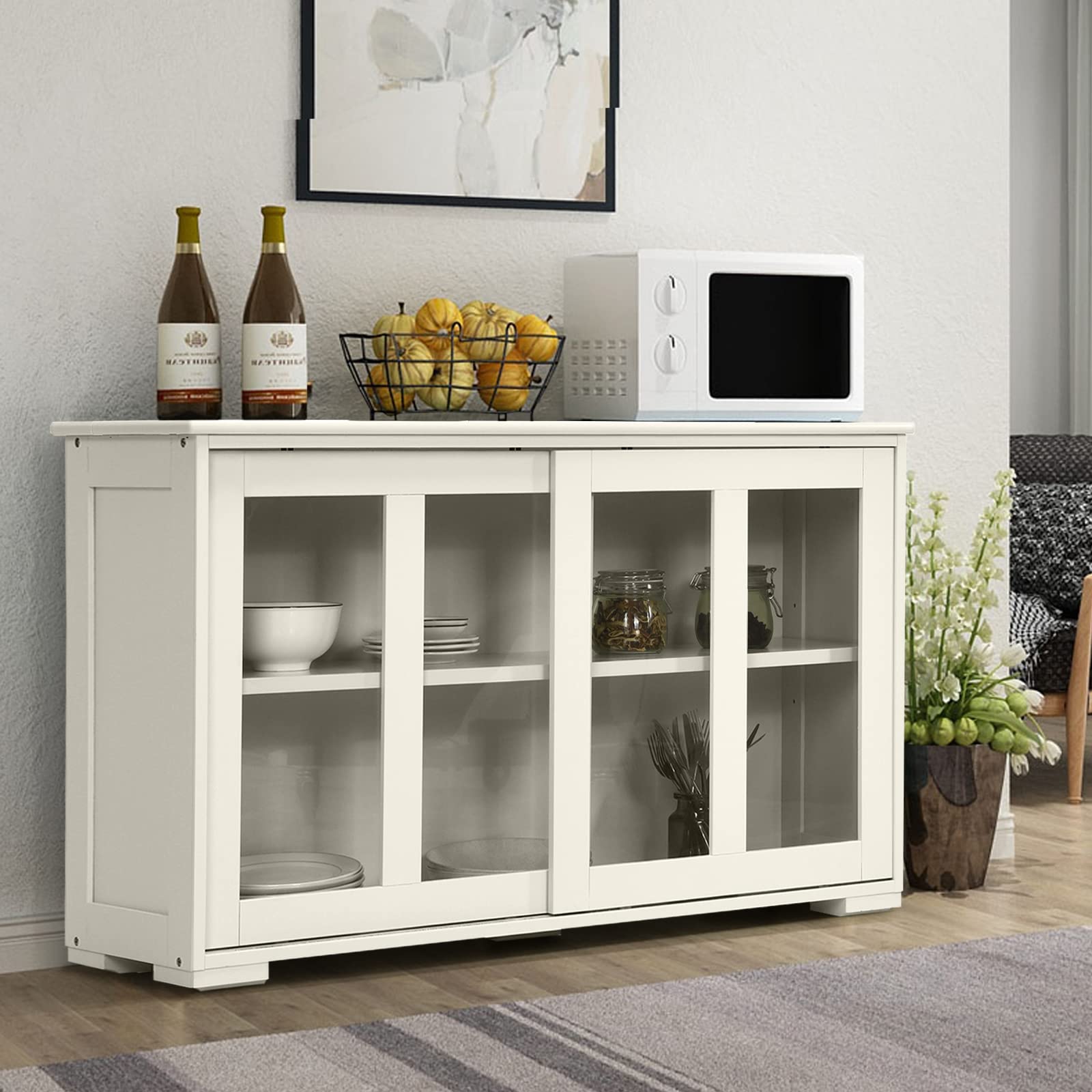 Antique Stackable Kitchen Buffet Storage Cabinet with Adjustable Shelves - Cream White Organizer for Dining Room, Home Cupboard & Pantry | Perfect for Small Space Organization & Kitchenware Display