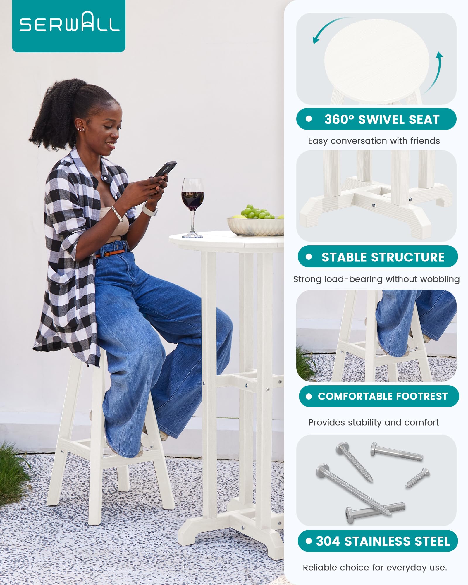 SERWALL 4-Piece Outdoor Bar Table and Chairs Set - Round All-Weather HDPE Patio Furniture with Swivel Stools - Perfect for Poolside, Backyard, Deck, Garden & Outdoor Entertaining (White)